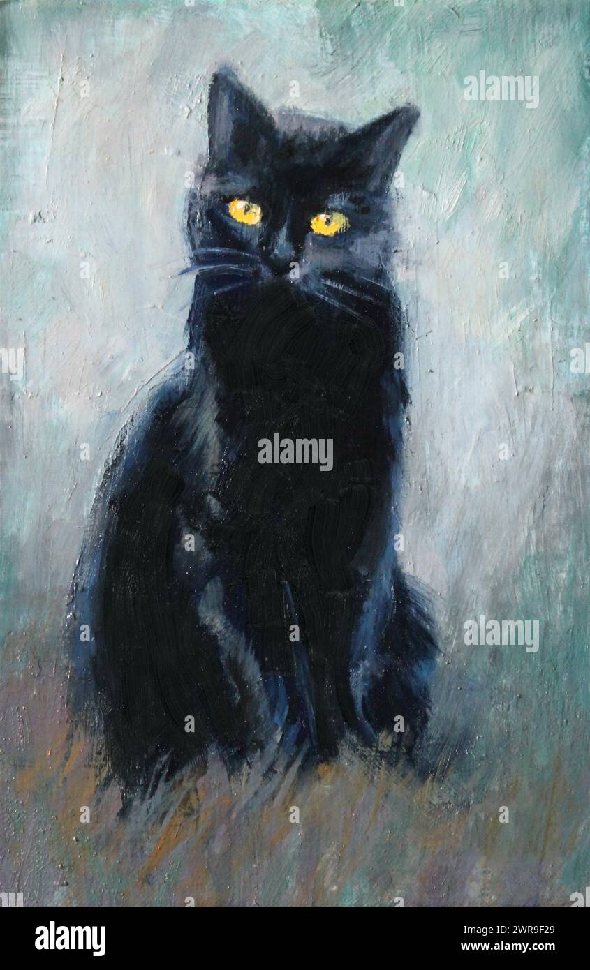 Gatto nero con occhi gialli seduta, intera silhouette. Pittura a olio su tela. Impressione, sfondo chiaro, gamma di colori ristretta, colori pastello luminosi Foto Stock