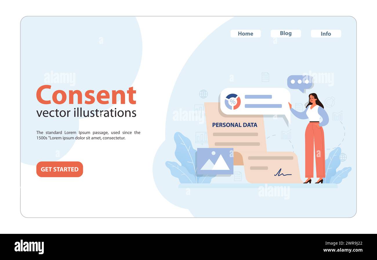 Illustrazione del concetto di consenso. Una donna professionale si muove verso una forma di dati personali, sottolineando l'accordo con gli utenti e la protezione dei dati tra elementi urbani. Illustrazione vettoriale piatta Illustrazione Vettoriale