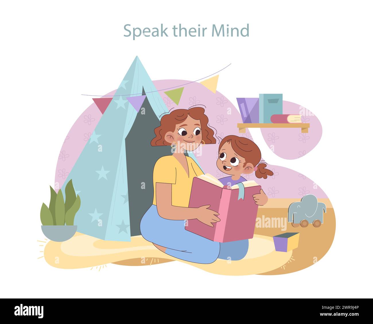Concetto di voce del bambino. Madre e figlia condividono un momento tenero con un libro di fiabe, sottolineando la comunicazione aperta e l'importanza dell'ascolto. Illustrazione Vettoriale