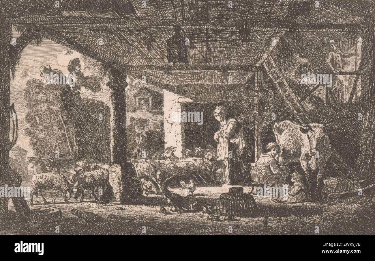Stalla con carro per bestiame e fieno, tipografo: Jean Louis Demarne, (attribuito a), 1762 - 1829, carta, incisione, altezza 140 mm x larghezza 197 mm, stampa Foto Stock