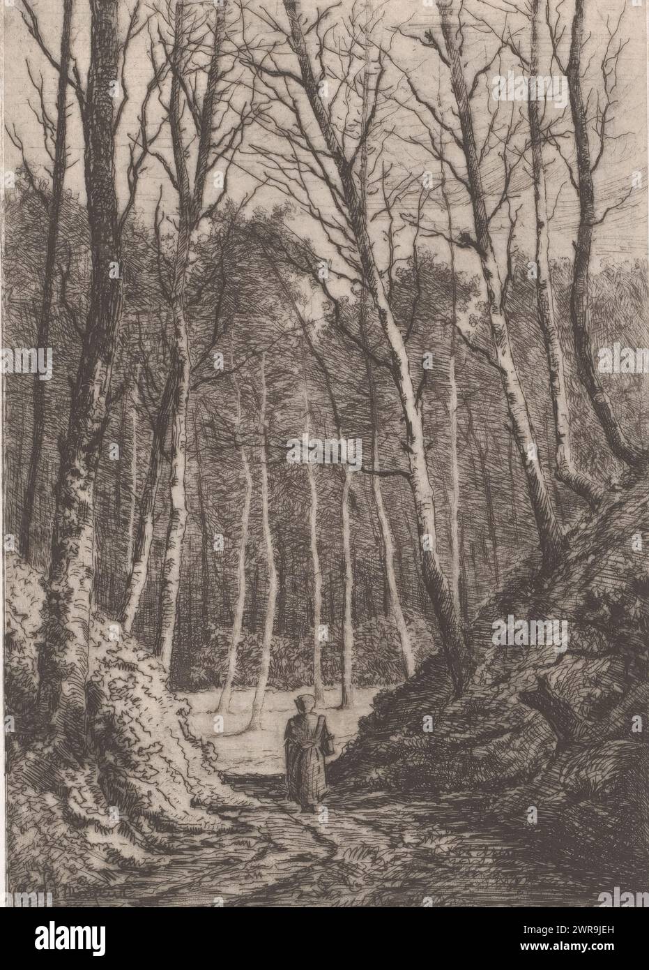 Donna cammina su un sentiero nella foresta soniana, tipografo: Adrien le Mayeur de Merprés, tipografo: Joseph Bouwens, Bruxelles, 1854 - 1886, carta, incisione, altezza 157 mm x larghezza 116 mm, stampa Foto Stock