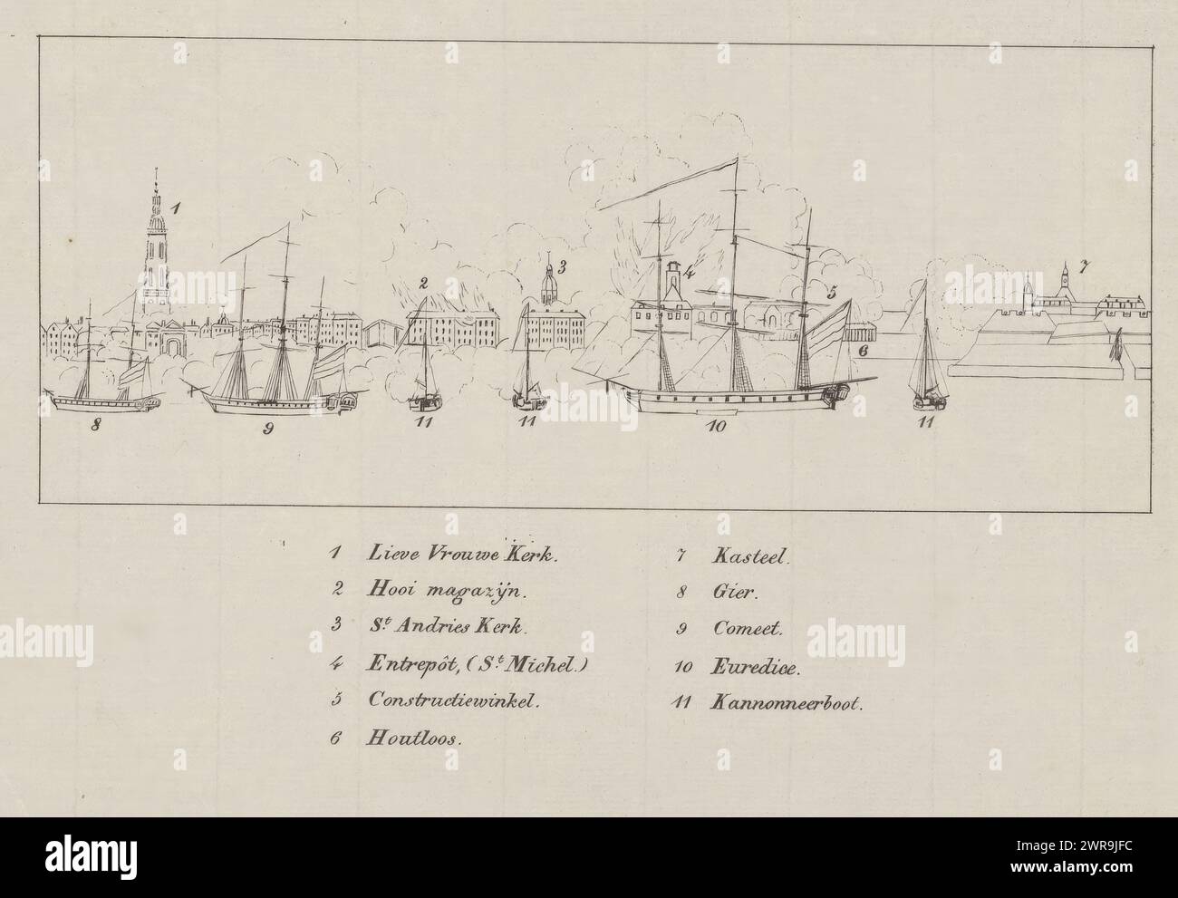 Chiave per la stampa del bombardamento di Anversa, 1830, chiave per la stampa del bombardamento di Anversa da parte di navi da guerra olandesi sotto il comando del barone Chassé, il 27 ottobre 1830. Illustrazione in contorno con la leggenda 1-11., stampatore: Anonimo, Paesi Bassi, 1830 - 1831, carta, altezza 171 mm x larghezza 252 mm, stampa Foto Stock