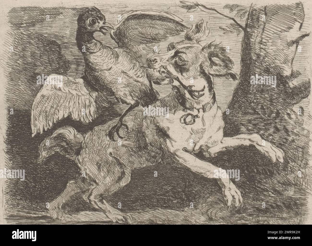 Il cane morde una gamba di fagiano, stampatore: Paul Emile Nicolié, 1859, carta, incisione, altezza 94 mm x larghezza 142 mm, stampa Foto Stock