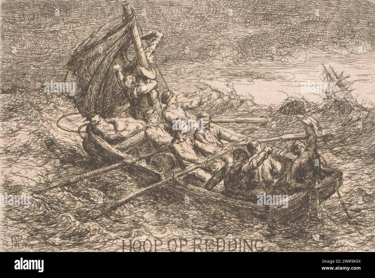 Barca a remi in difficoltà in mare vede una nave in lontananza, speranza di salvataggio (titolo sull'oggetto), stampatore: Henri FranFrancois Schaefels, 1864, carta, incisione, altezza 101 mm x larghezza 150 mm, stampa Foto Stock