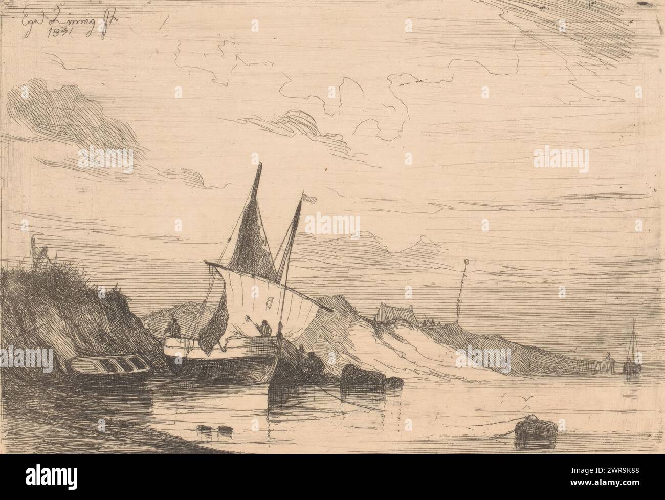 Peschereccio vicino alle dune di Blankenberge, stampatore: Egidius Linnig, 1841, carta, incisione, altezza 122 mm x larghezza 174 mm, stampa Foto Stock