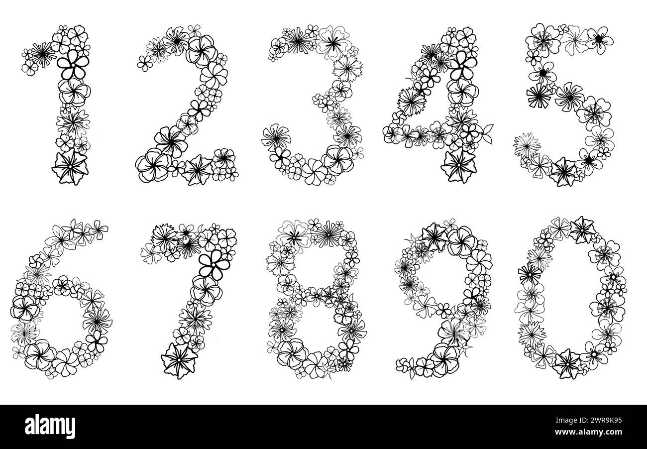 Semplicemente fiore numero uno con testa di fiore, elementi isolati disegnati a mano per scheda di disegno, invito e pagina da colorare. Doodle bianco e nero floreale Illustrazione Vettoriale