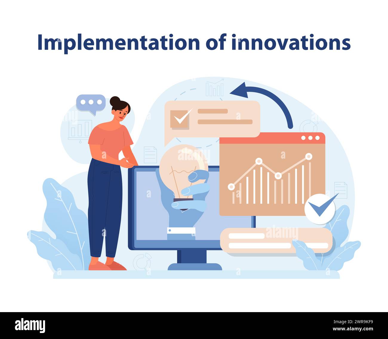 Implementazione dell'innovazione. Una chiara illustrazione vettoriale che raffigura un professionista che esegue nuove strategie, simboleggia l'applicazione di idee innovative nel business. Illustrazione vettoriale piatta. Illustrazione Vettoriale