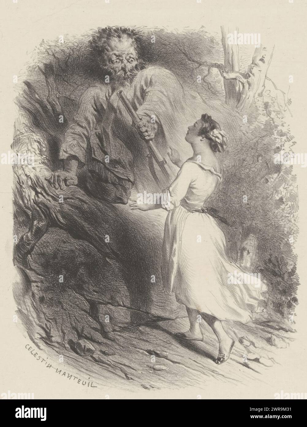 Giovane donna nella foresta guarda l'uomo con pistola, stampatore: Célestin Nanteuil, 1823 - 1873, carta, altezza 358 mm x larghezza 274 mm, stampa Foto Stock