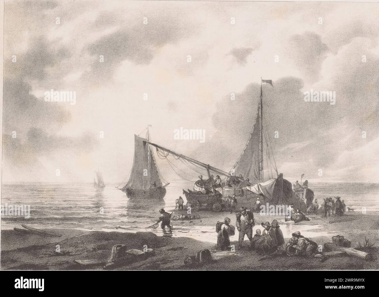 Due chiatte bomba sulla spiaggia, le vele della barca frontale sono state abbassate. Altre due barche a vela in mare., stampatore: Carel Christiaan Antony Last, su disegno di: Christiaan Lodewijk Willem Dreibholtz, stampatore: Koenraad Fuhri, The Hague, 1837 - 1853, carta, altezza 275 mm x larghezza 362 mm, stampa Foto Stock