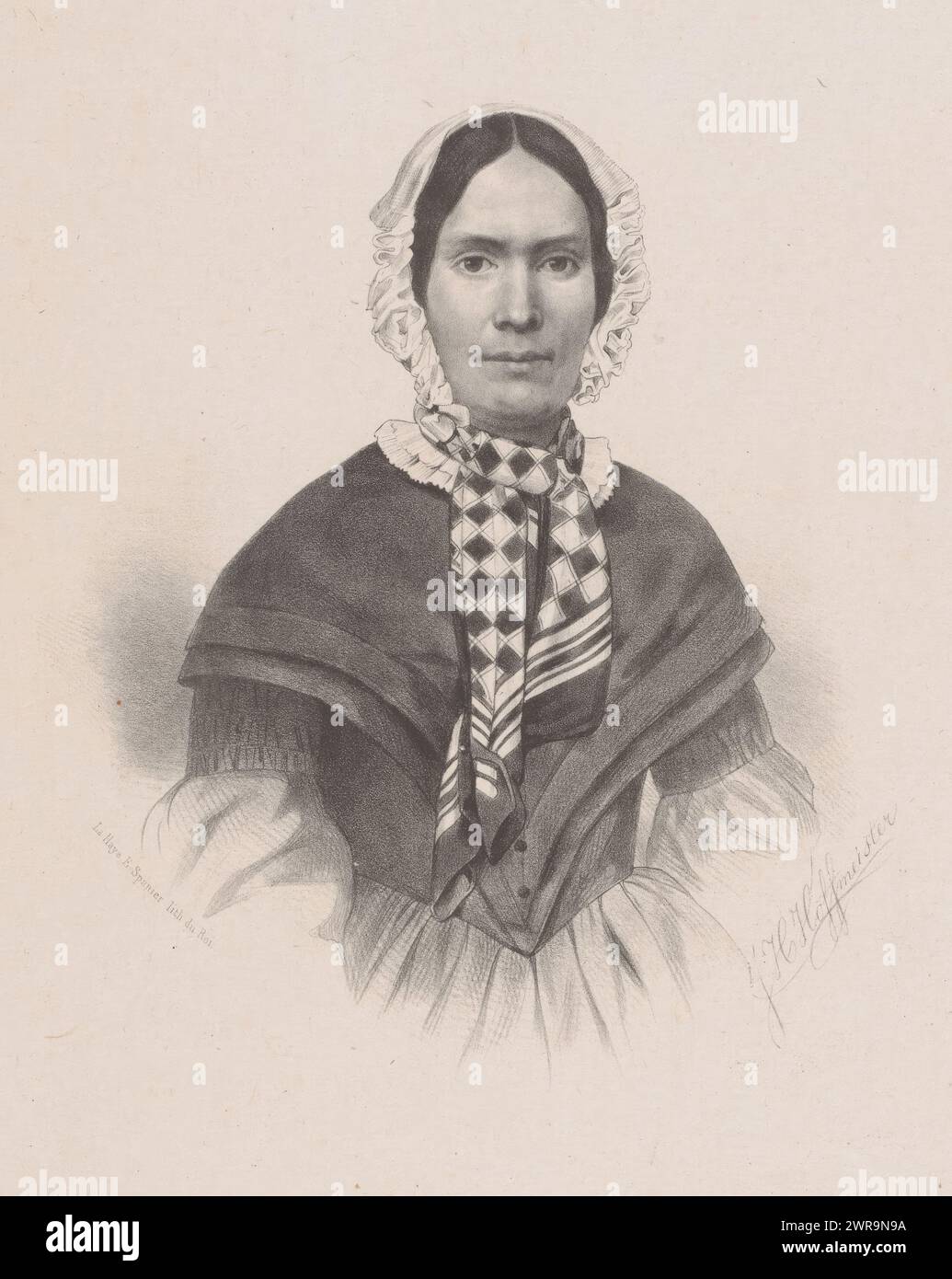 Ritratto di una donna sconosciuta con scialle a scacchi, tipografo: Johan Hendrik Hoffmeister, tipografo: Koninklijke Steendrukkerij van E. Spanier, tipografo: Paesi Bassi, tipografo: L'Aia, 1851 - c. 1883, carta, altezza 410 mm x larghezza 285 mm, stampa Foto Stock