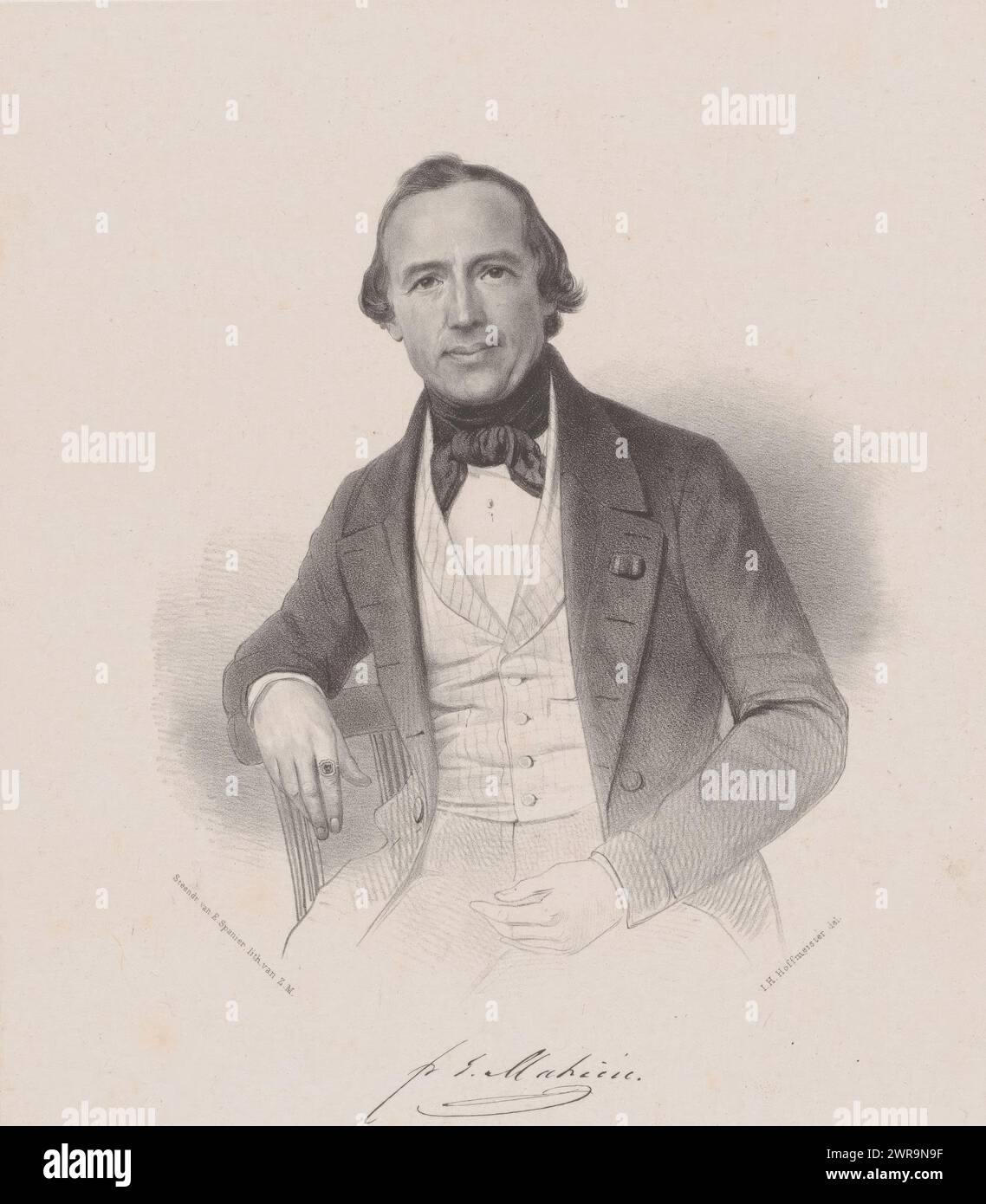 Ritratto di F.J. Mahieu, sotto il ritratto la firma della sitter., tipografo: Johan Hendrik Hoffmeister, tipografo: Koninklijke Steendrukkerij van E. Spanier, tipografo: Paesi Bassi, tipografo: L'Aia, 1854, carta, altezza 430 mm x larghezza 285 mm, stampa Foto Stock