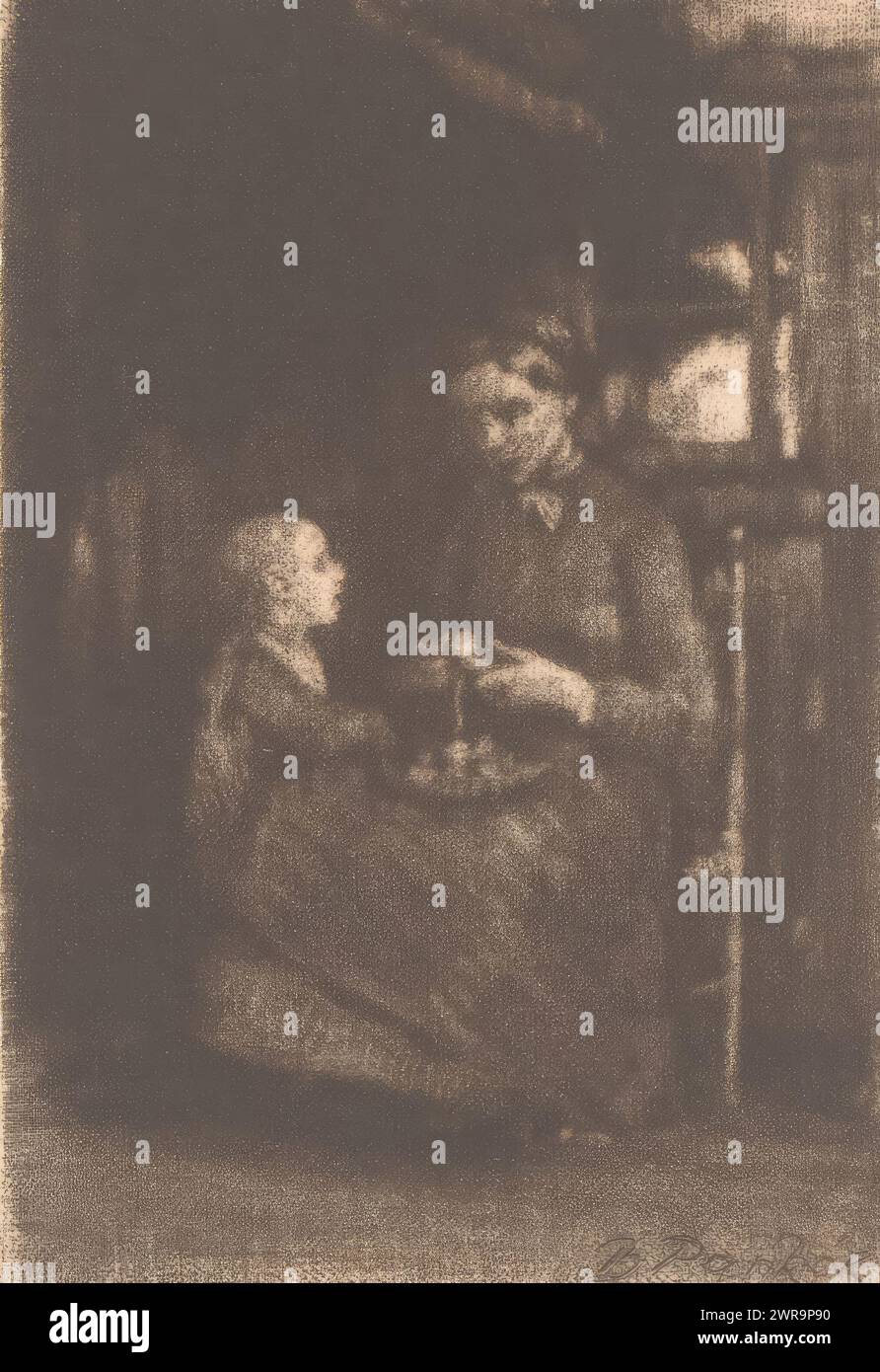 Donna che sbuccia le patate, un bambino sta accanto a lei, stampatore: Bernhard Pankok, 1882 - 1906, carta, altezza 96 mm x larghezza 66 mm, stampa Foto Stock