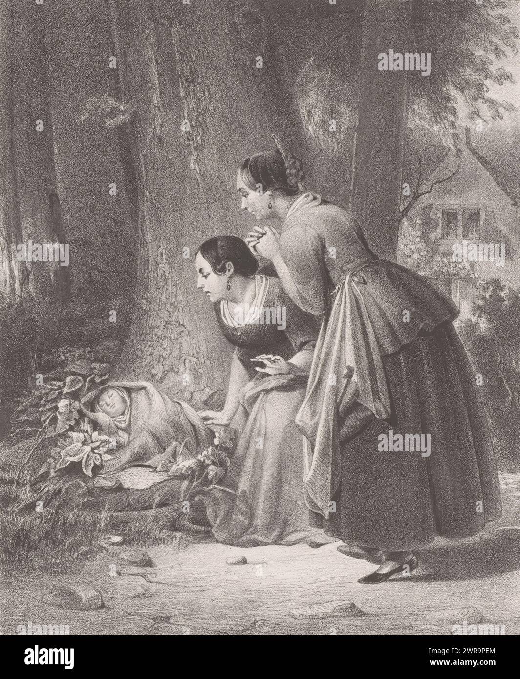 Due donne e un fonderia, il bambino giace avvolto in abiti a dorso per terra contro un albero. Le donne si piegano sul bambino. Dietro di loro una casa., tipografo: Hermanus Johannes van den Hout, su progetto di: Jan Hendrik van de Laar, tipografo: Desguerrois & Co., tipografo: Paesi Bassi, su disegno di: Rotterdam, tipografo: Amsterdam, editore: Amsterdam, 1823 - 1869, carta, altezza 335 mm x larghezza 240 mm, stampa Foto Stock