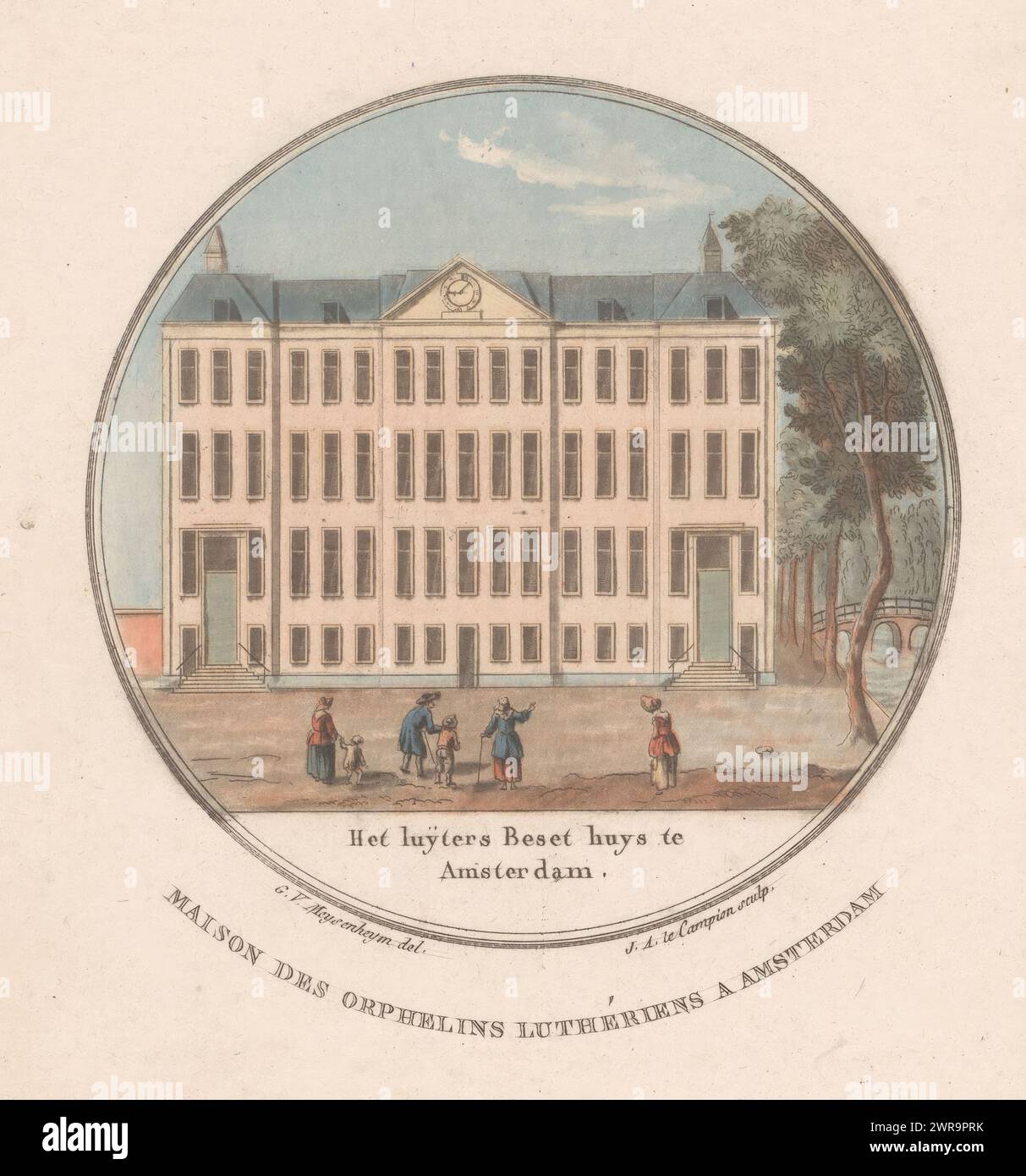 Orfanotrofio luterano ad Amsterdam, Maison des orphelins luthériens a Amsterdam (titolo su oggetto), Cityscapes (titolo della serie), numerato in alto a destra: 7., stampatore: Joseph-Alexandre le Campion, dopo disegno di: G.V. Meysenheym, Francia, 1788, carta, incisione, altezza 194 mm x larghezza 153 mm, stampa Foto Stock