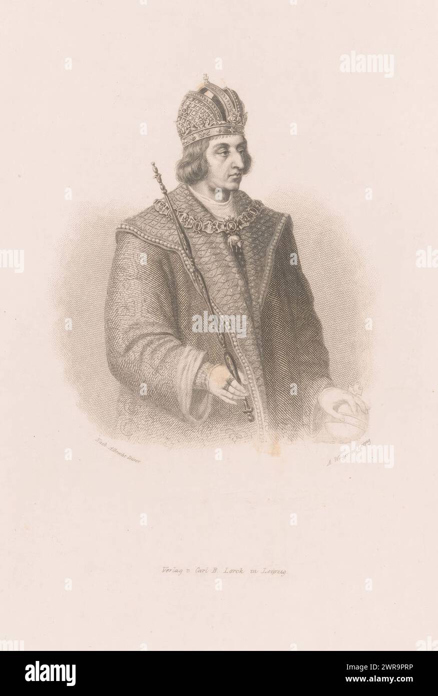 Ritratto di Massimiliano i d'Asburgo, Imperatore del Sacro Romano Impero, tipografo: August Weger, su disegno di: Albrecht Dürer, editore: Carl Berendt Lorck, Lipsia, 1849 - 1892, carta, incisione in acciaio, altezza 208 mm x larghezza 138 mm, stampa Foto Stock