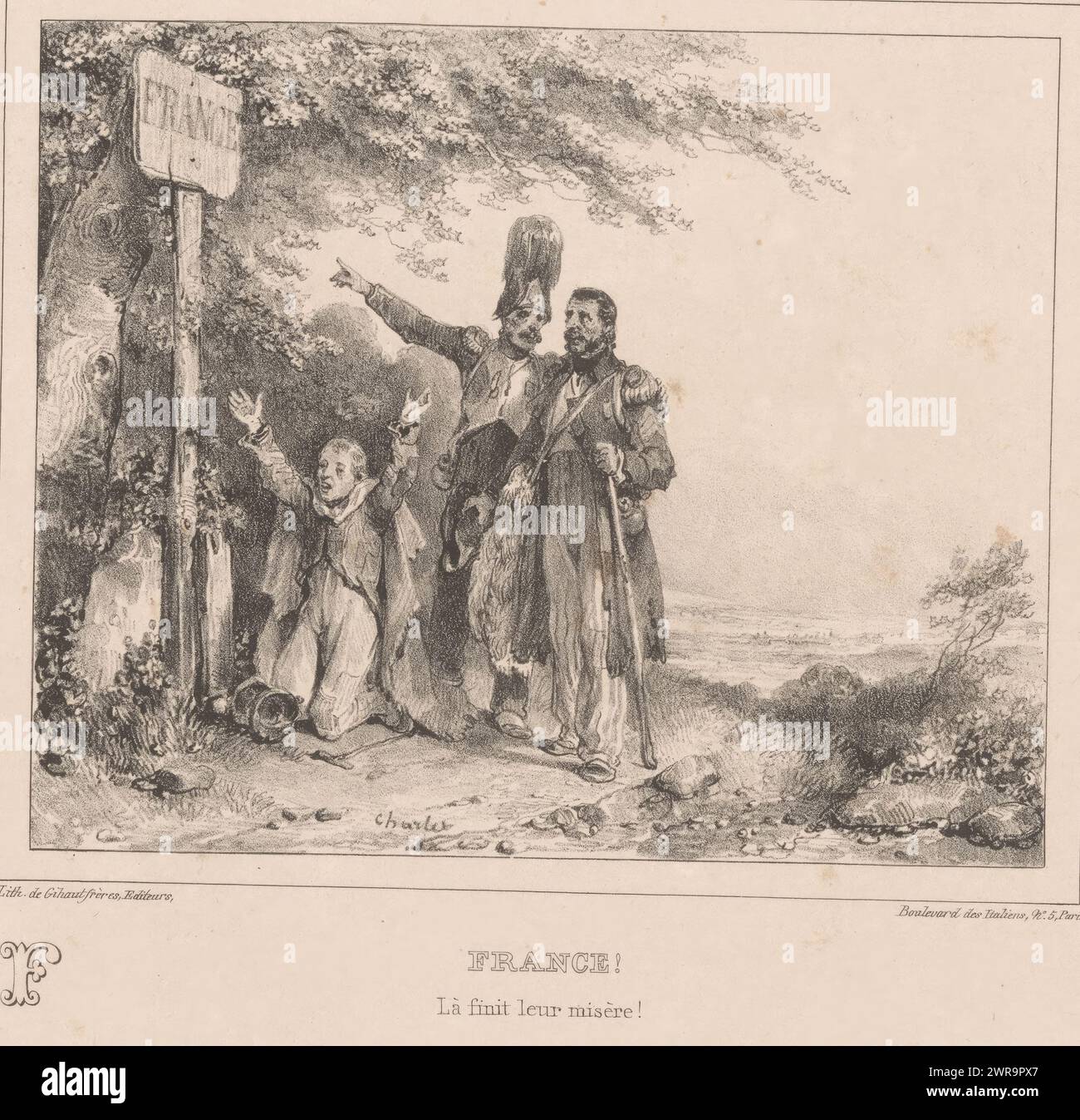 Confine di Francia, F. Francia! (Titolo su oggetto), alfabeto con una morale per i bambini (titolo della serie), Alphabet Moral et philosophique à l'usage des petits et des grands enfants (titolo della serie), tre soldati hanno messo piede sul suolo francese per la prima volta dopo molta miseria ., stampatore: Nicolas Toussaint Charlet, editore: Gihaut frères, Parigi, 1835, carta, altezza 247 mm x larghezza 338 mm, stampa Foto Stock