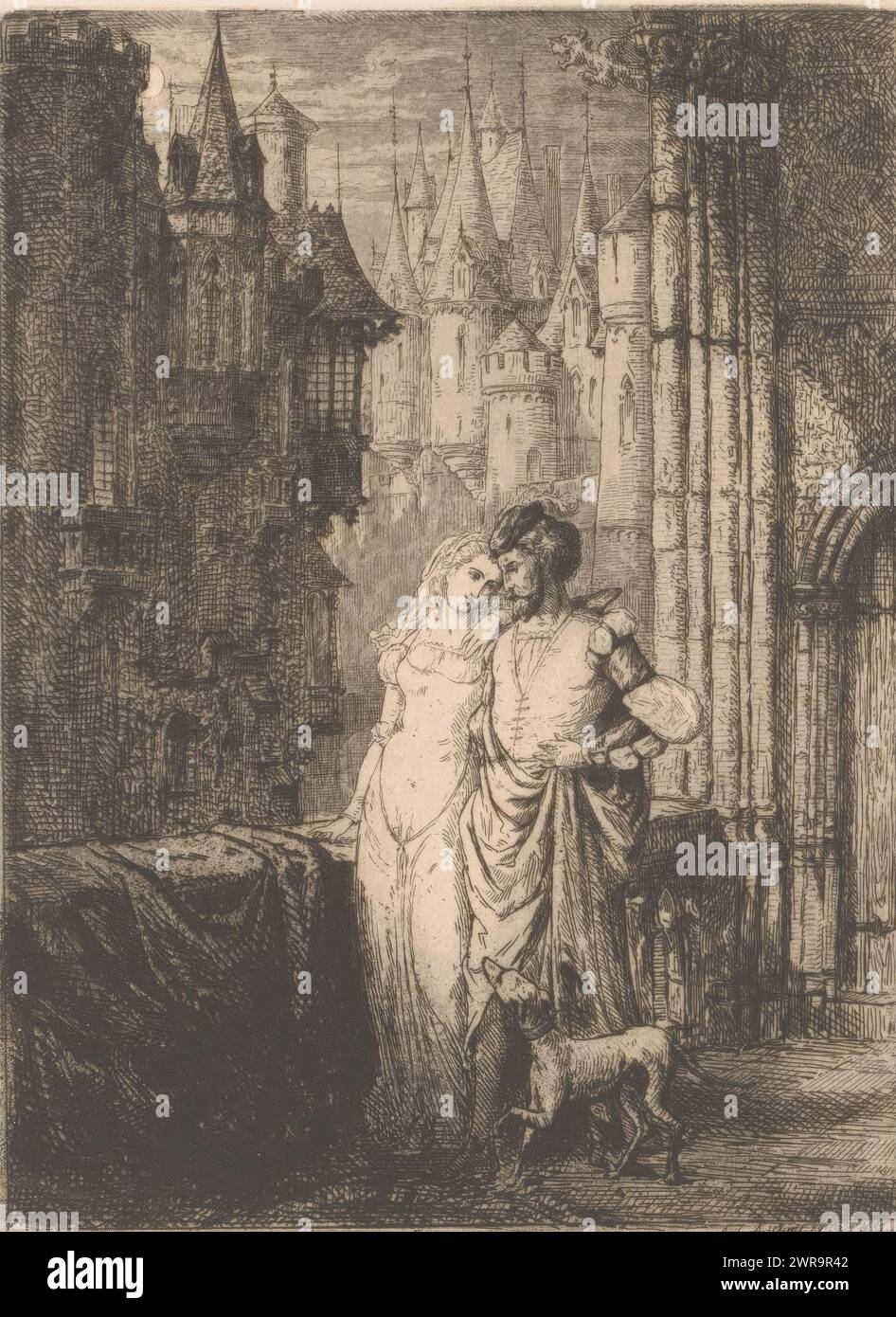 Una coppia amorevole cammina in una città medievale, tipografo: Adrien Aubry, (firmato dall'artista), Bruxelles, 1872, carta, incisione, altezza 156 mm x larghezza 119 mm, stampa Foto Stock