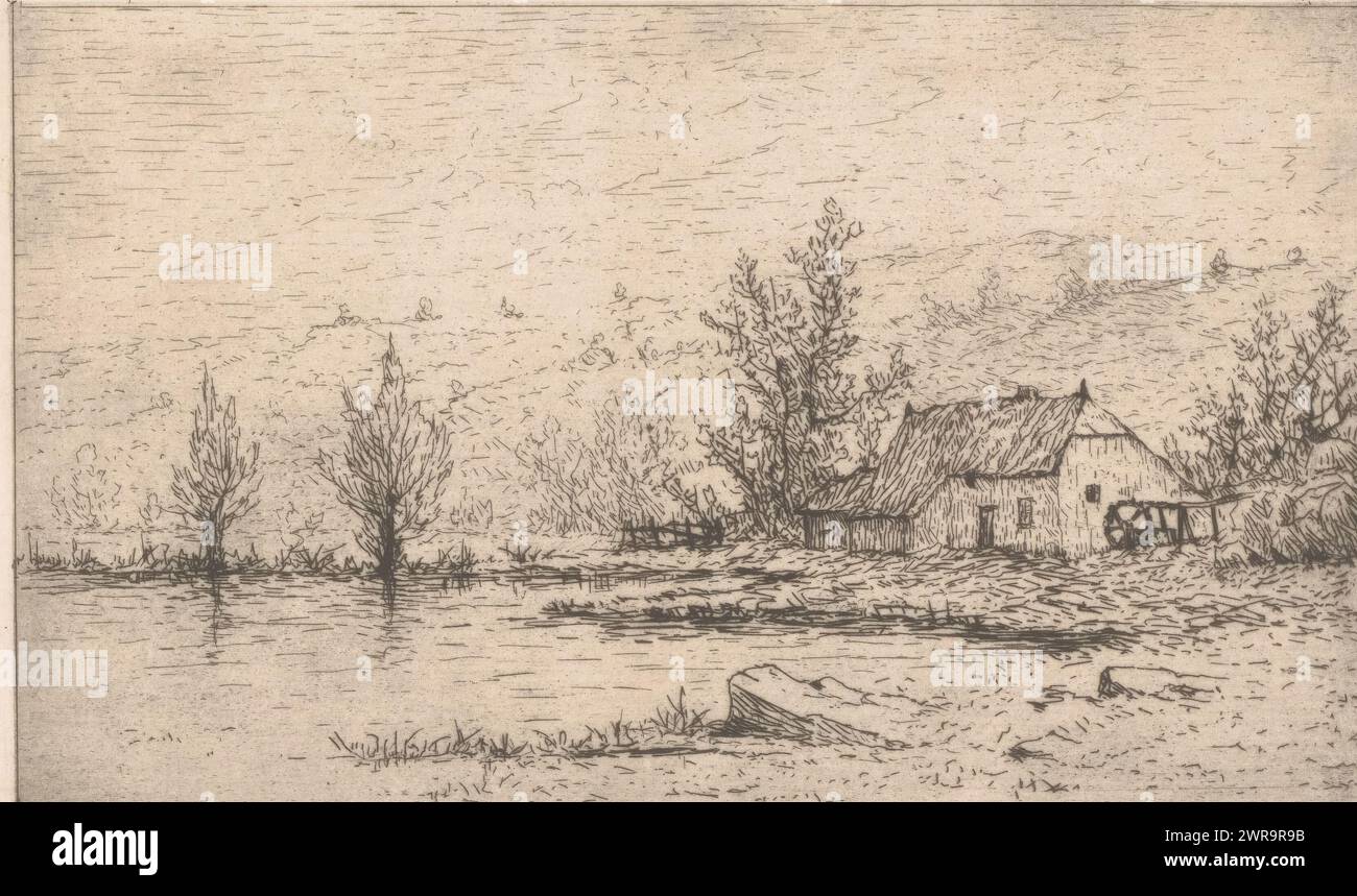Paesaggio con mulino ad acqua, tipografo: Aristide de de Biseau, (firmato dall'artista), 1854 - 1883, carta, incisione, altezza 110 mm x larghezza 177 mm, stampa Foto Stock