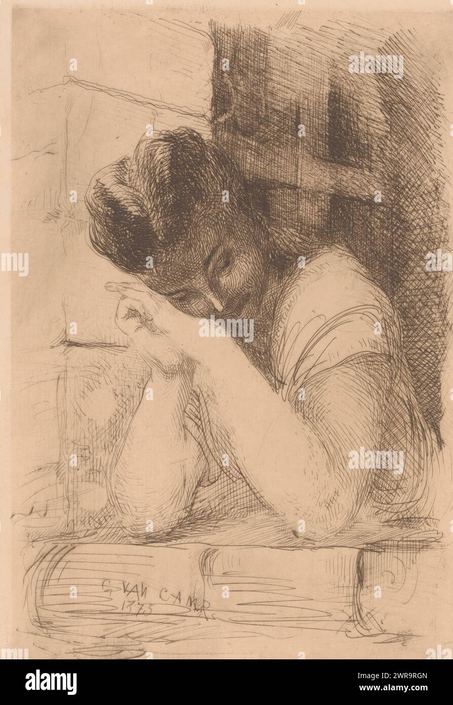 Nele si appoggia fuori dalla finestra aspettando Tijl Uilenspiegel, Nele vaga intorno a Uilenspiegel, stampatore: Camille Van Camp, 1875, carta, incisione, punto di essiccazione, altezza 238 mm x larghezza 164 mm, stampa Foto Stock