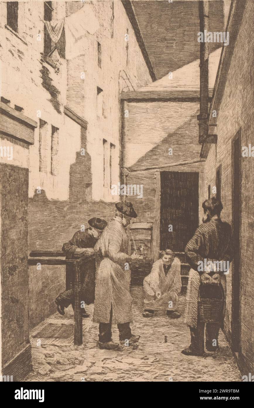 Quattro personaggi giocano un gioco con i tappi in un vicolo, stampatore: Josué Dupon, 1887, carta, incisione, altezza 220 mm x larghezza 158 mm, stampa Foto Stock