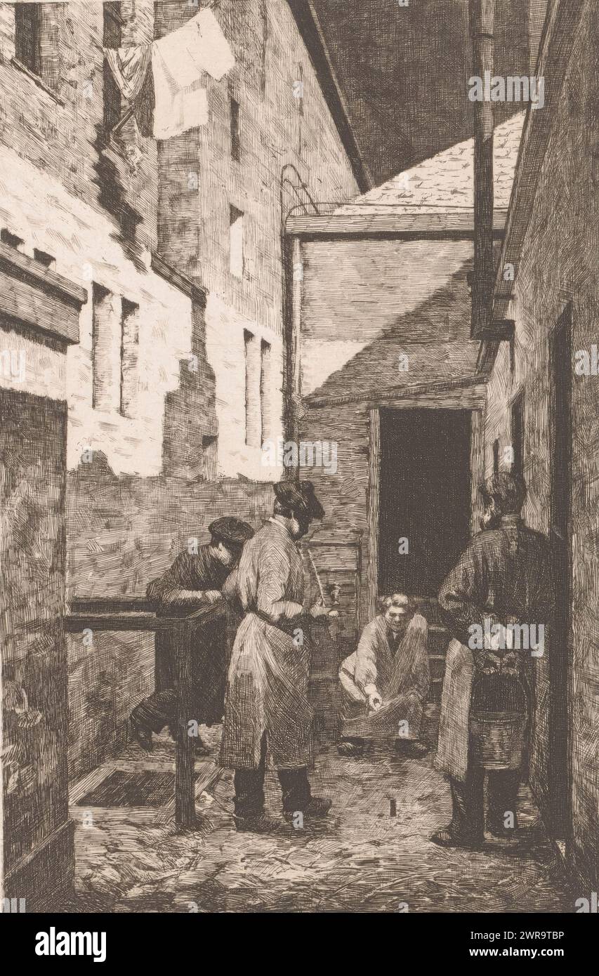 Quattro personaggi giocano un gioco con i tappi in un vicolo, stampatore: Josué Dupon, 1887, carta, incisione, altezza 240 mm x larghezza 156 mm, stampa Foto Stock