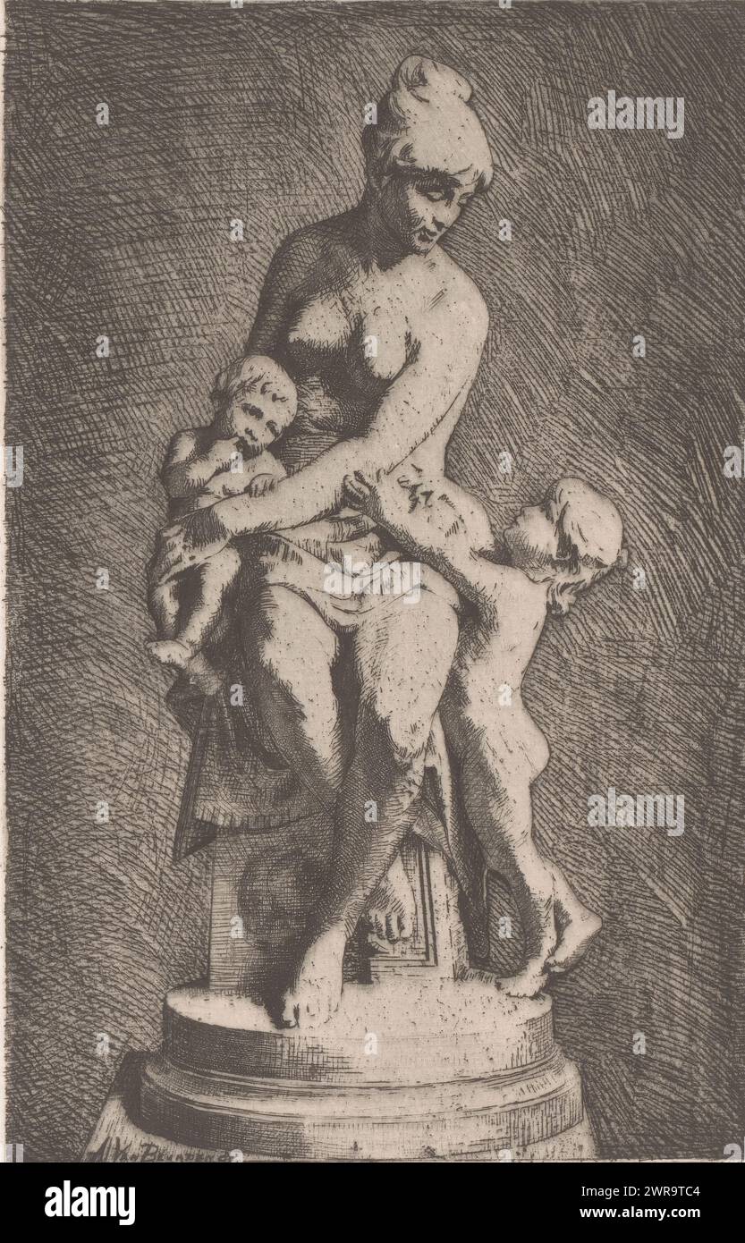 Immagine della Caritas con due figli, stampatore: Josué Dupon, dopo scultura di: Van Beurden (II), Alfons, 1888, carta, incisione, altezza 240 mm x larghezza 157 mm, stampa Foto Stock