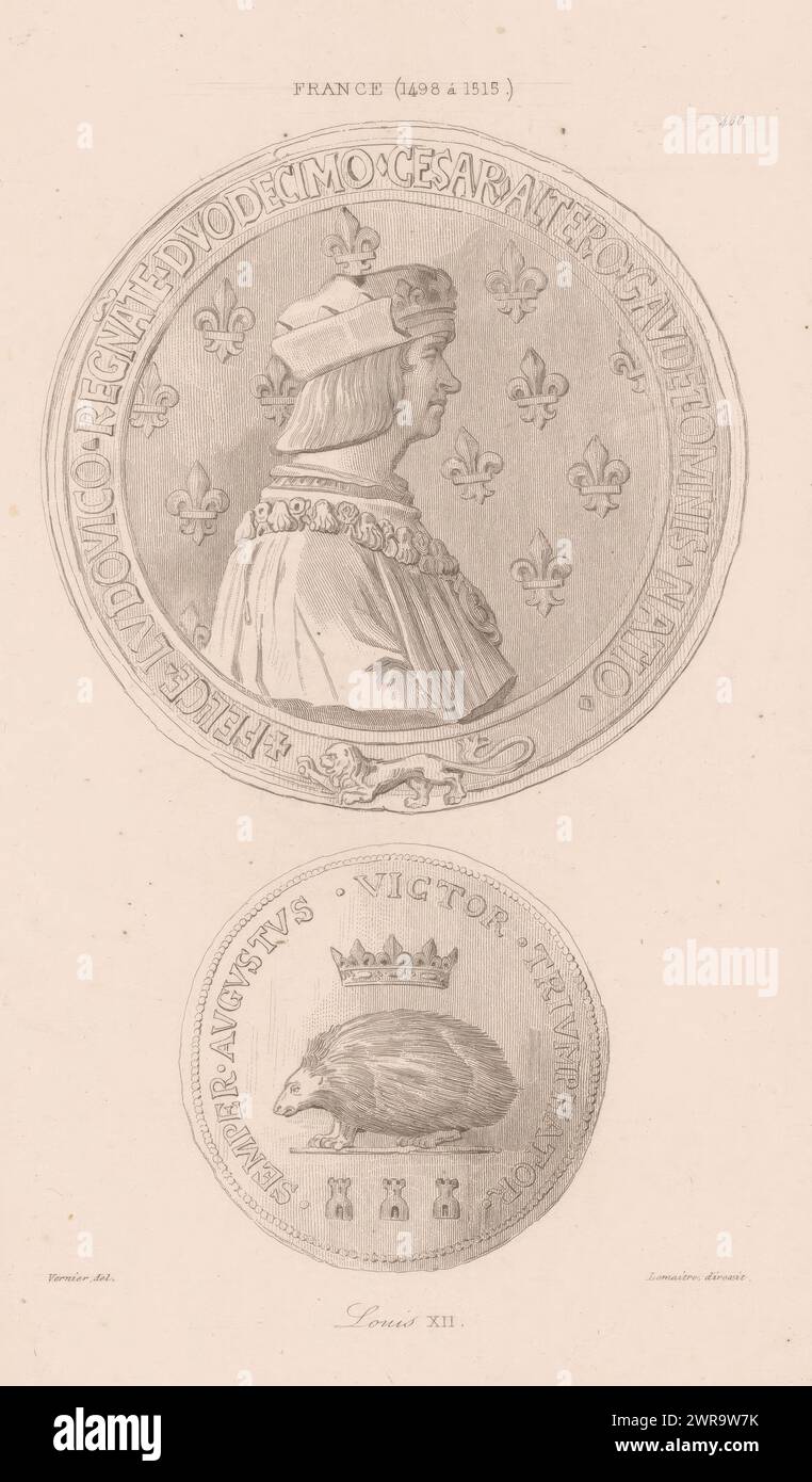 Medaglia con un'immagine di Luigi XII di Francia sul recto e un riccio sul retro, tipografo: Augustin Lemaître, (possibilmente), dopo aver disegnato: Vernier, Augustin Francois Lemaître, Francia, 1807 - 1870, carta, incisione, altezza 214 mm x larghezza 128 mm, stampa Foto Stock