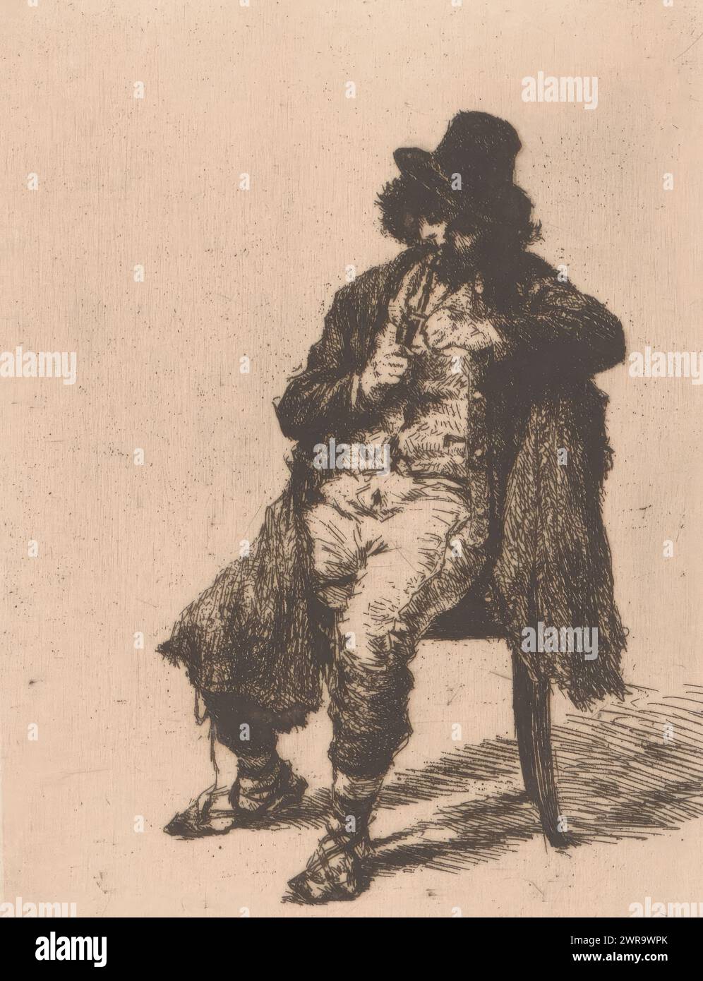 Fumatore di pipa su una sedia, stampatore: Edgard Farasyn, (firmato dall'artista), 1868 - 1910, carta, incisione, altezza 130 mm x larghezza 102 mm, stampa Foto Stock