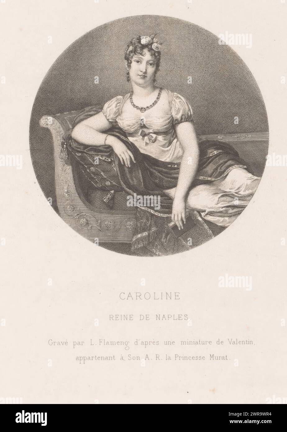 Ritratto di Carolina Bonaparte, Caroline reine de Naples (titolo sull'oggetto), tipografo: Léopold Flameng, su disegno di: Valentin, tipografo: Alfred Salmon, Parigi, 1841 - 1910, carta, incisione, incisione, altezza 277 mm x larghezza 183 mm, stampa Foto Stock