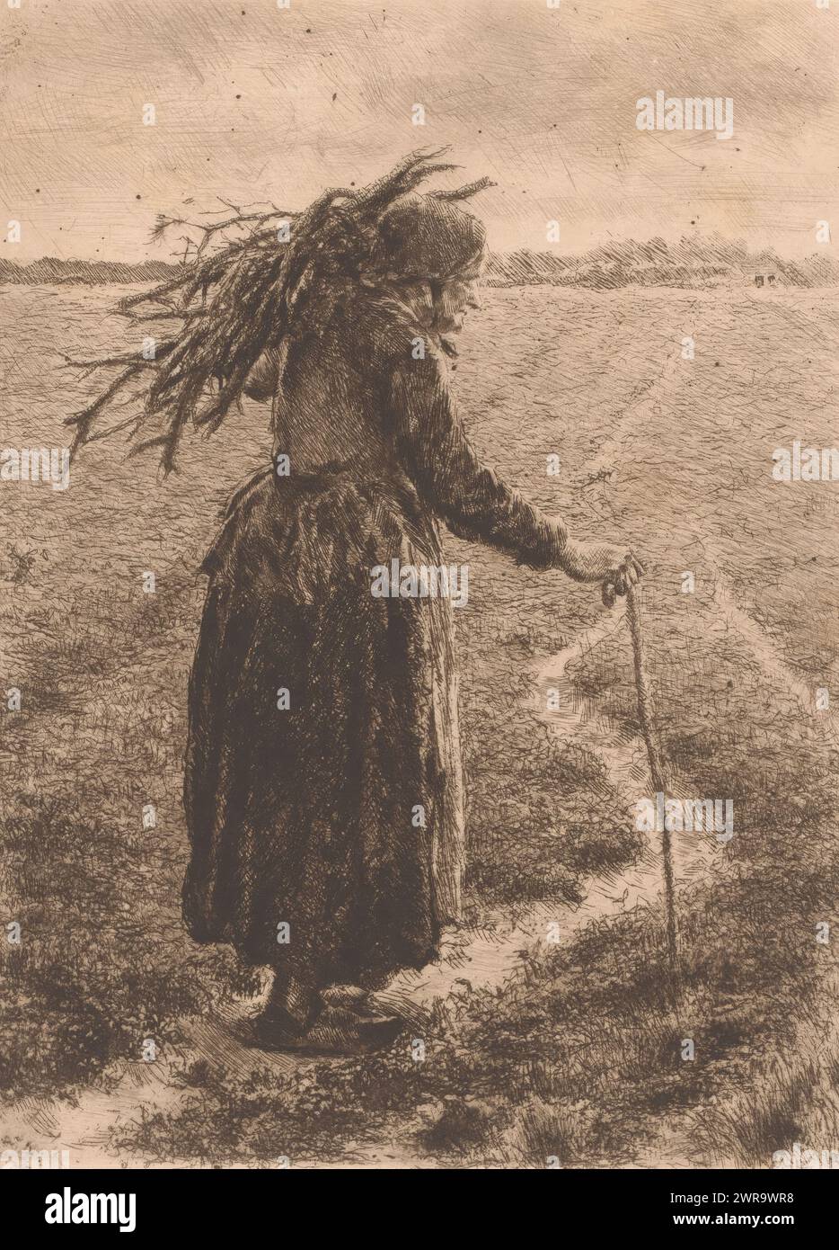 Vecchia donna con bastone da passeggio e rami sulla spalla, stampatrice: Edgard Farasyn, (firmato dall'artista), 1868 - 1910, carta, incisione, altezza 240 mm x larghezza 180 mm, stampa Foto Stock