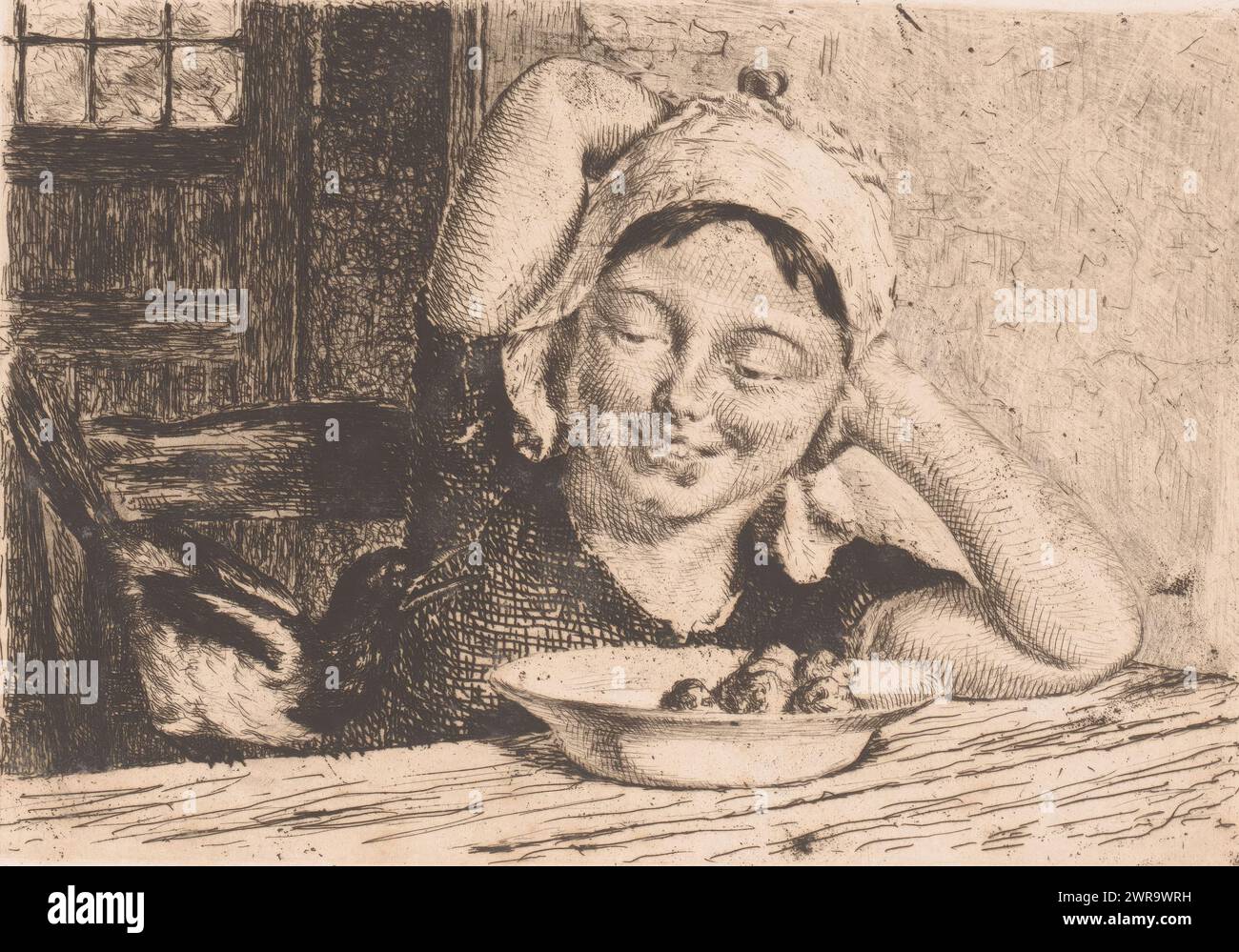 Ragazza a un tavolo con un piatto di cibo e un magpie, tipografo: Edgard Farasyn, (firmato dall'artista), 1868 - 1910, carta, incisione, altezza 155 mm x larghezza 240 mm, stampa Foto Stock