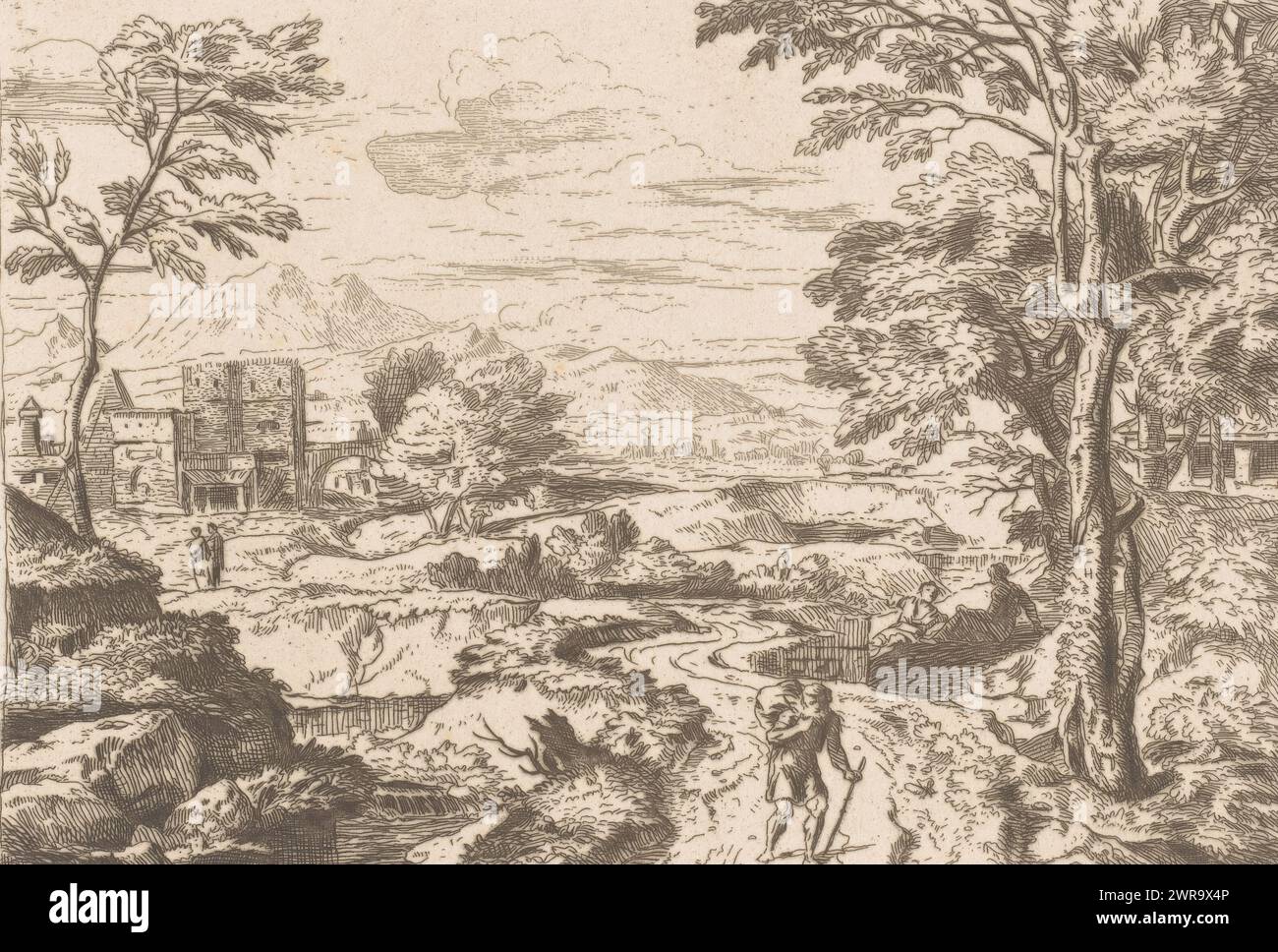 Paesaggio con un sentiero lungo un ruscello, facsimile d'une eau-forte tres rare de Francisque Millet, stampatore: Léopold Flameng, dopo la stampa di: Jean Francois Millet, 1860, carta, incisione, incisione, altezza 133 mm x larghezza 181 mm, stampa Foto Stock