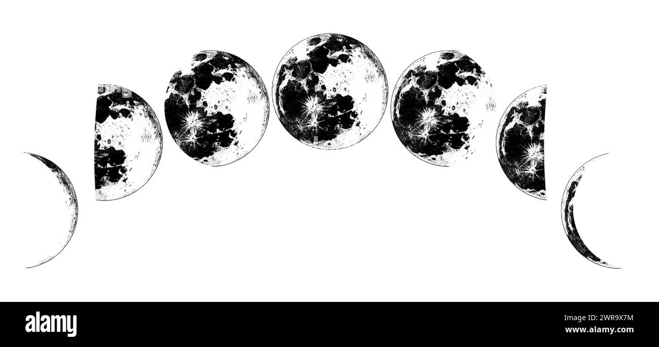 Le fasi della Luna nel sistema solare. Astrologia o spazio astronomico della galassia. Orbita o cerchio. incisione disegnata a mano in vecchio schizzo, stile vintage Illustrazione Vettoriale