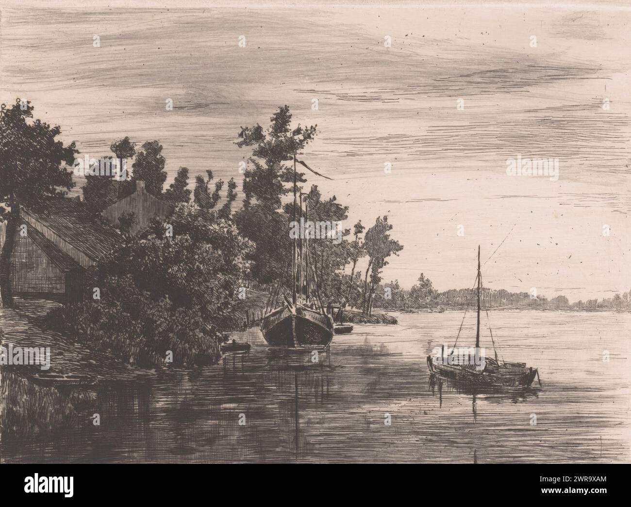 Due barche a vela in un fiume con case sulla riva, stampatore: Jules Guiette, 1862 - 1901, carta, incisione, altezza 176 mm x larghezza 239 mm, stampa Foto Stock