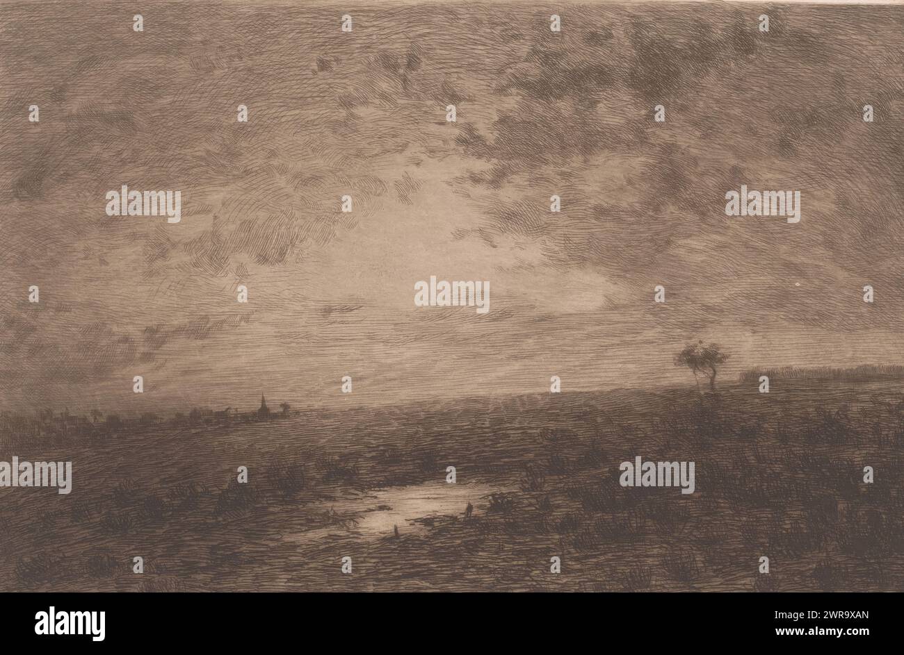 Paesaggio brughiera al crepuscolo, stampatore: Jules Guiette, 1862 - 1901, carta, incisione, altezza 157 mm x larghezza 239 mm, stampa Foto Stock