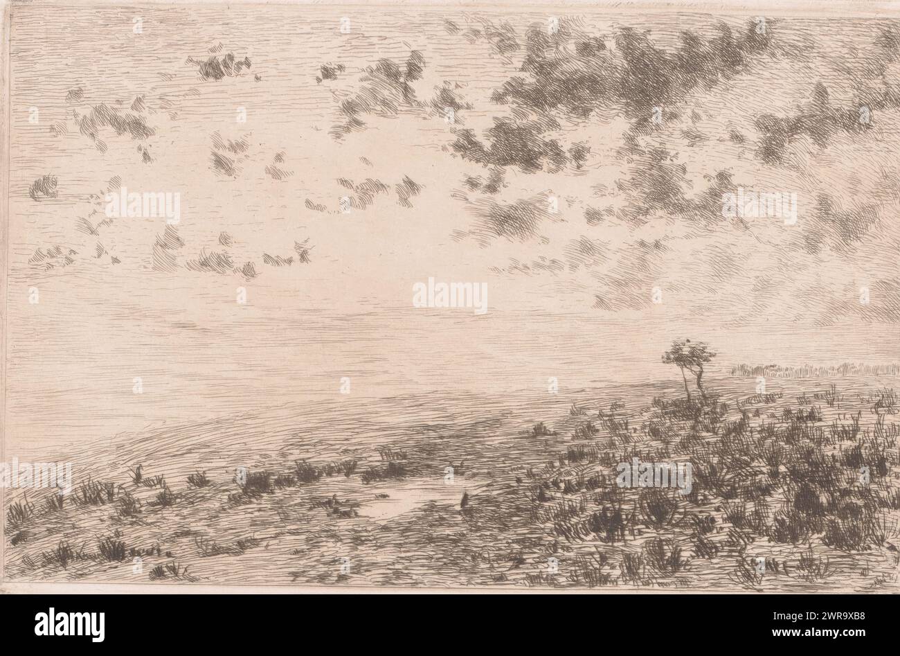 Paesaggio brughiera al crepuscolo, stampatore: Jules Guiette, 1862 - 1901, carta, incisione, altezza 157 mm x larghezza 239 mm, stampa Foto Stock