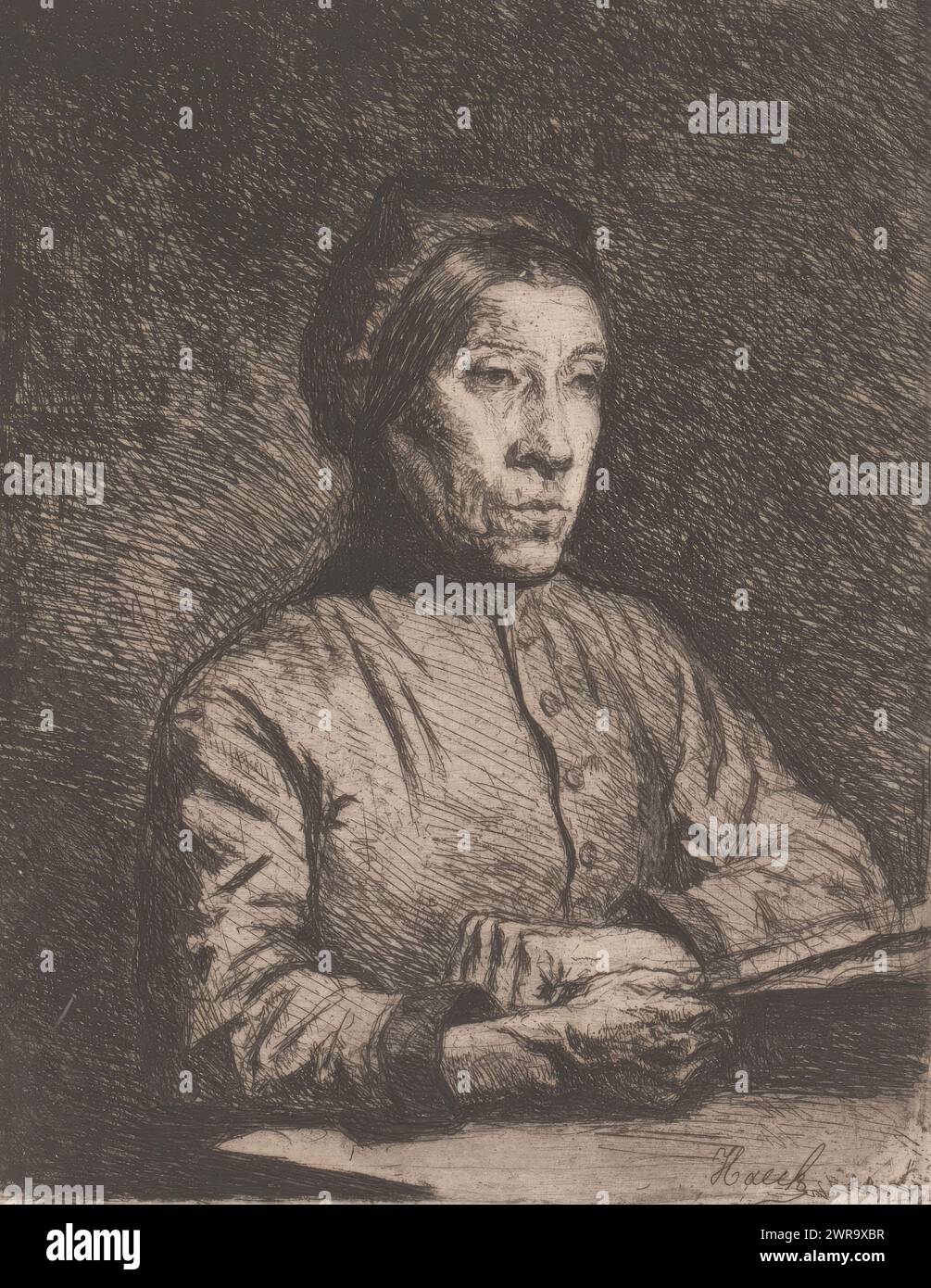 Vecchia donna a tavola, tipografo: Léopold Haeck, (firmato dall'artista), 1888, carta, incisione, altezza 140 mm x larghezza 110 mm, stampa Foto Stock