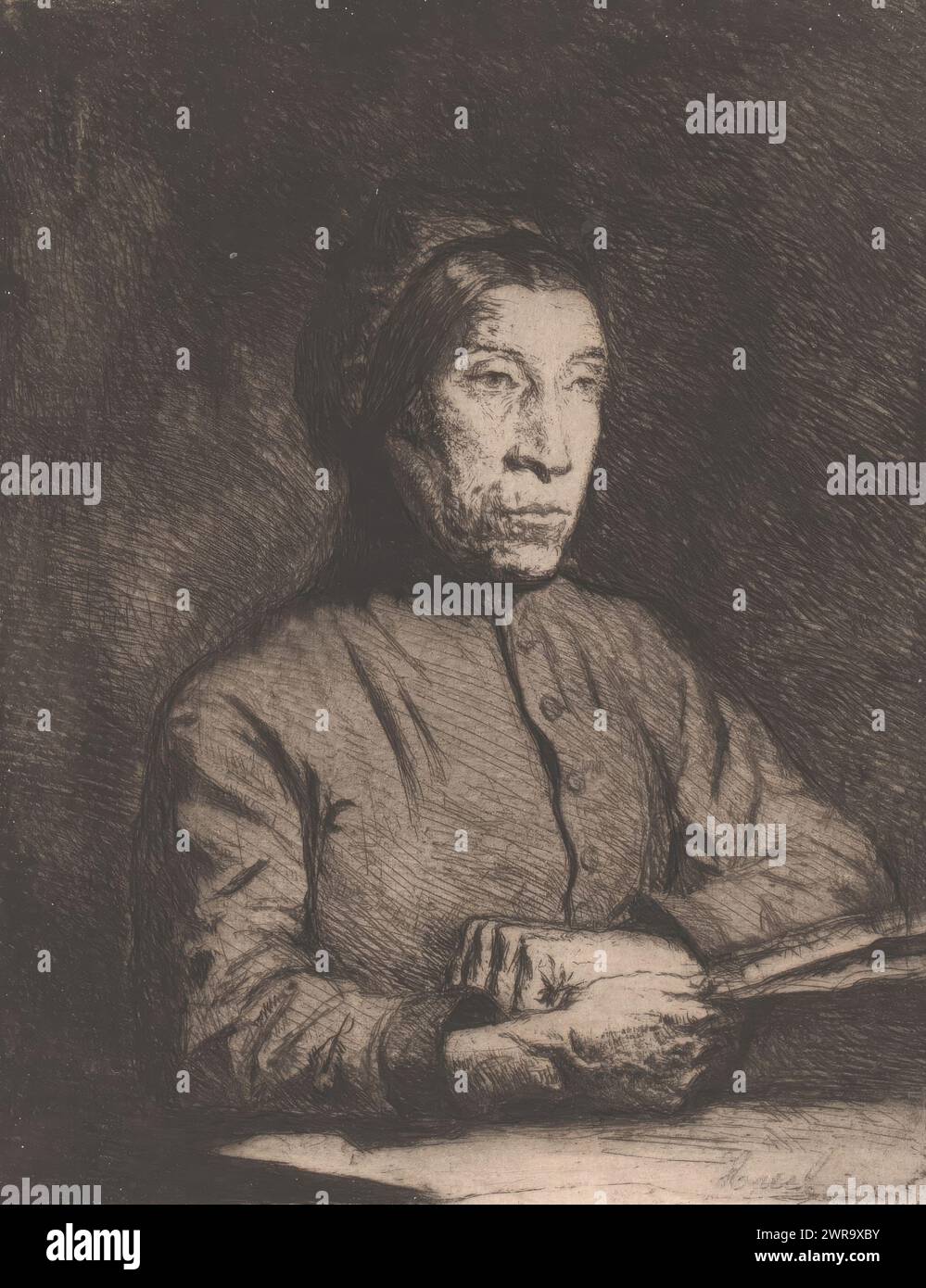 Vecchia donna a tavola, tipografo: Léopold Haeck, (firmato dall'artista), 1888, carta, incisione, altezza 140 mm x larghezza 110 mm, stampa Foto Stock