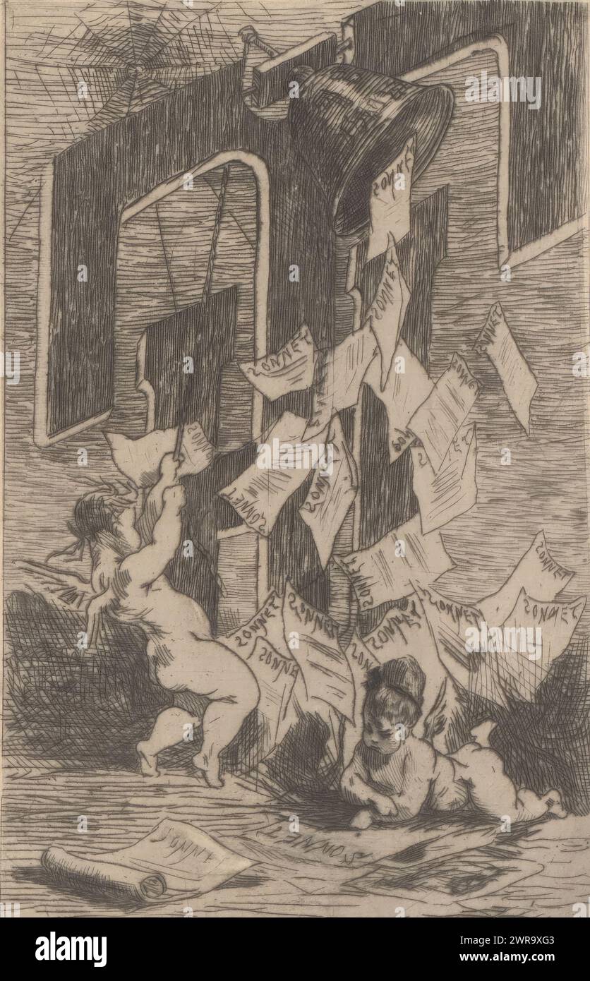 Putto suona una campana da cui cadono i sonetti, stampatore: Theodoor Hannon, (attribuito a), 1861 - 1910, carta, incisione, altezza 152 mm x larghezza 95 mm, stampa Foto Stock