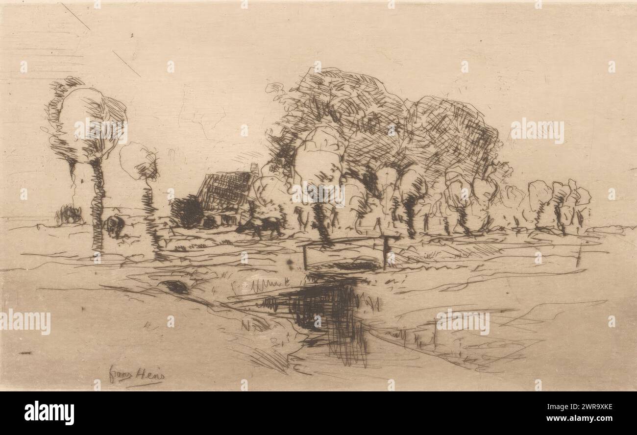 Paesaggio con fattoria e ponte, stampatore: Frans Hens, 1866 - 1910, carta, incisione, altezza 96 mm x larghezza 160 mm, stampa Foto Stock