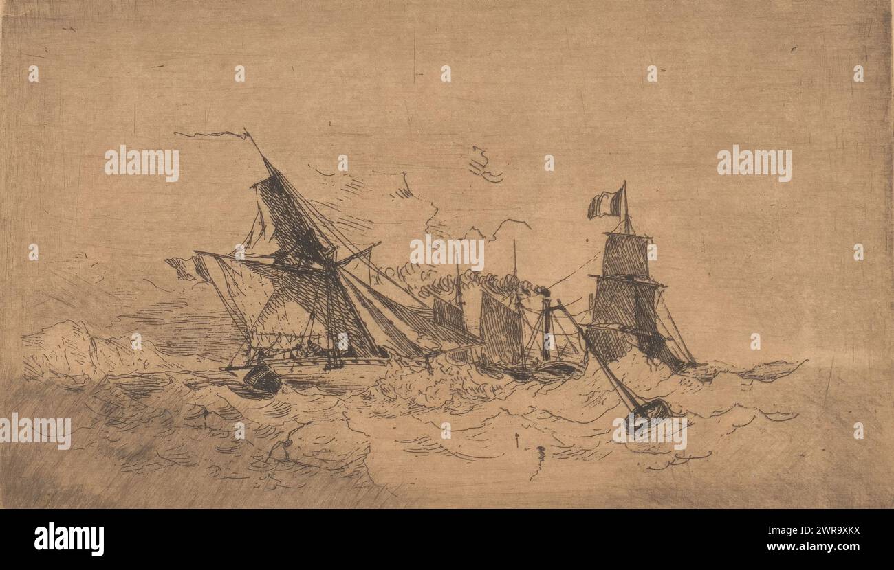 Nave a vapore e navi a vela in mare in difficoltà, stampatore: Henri le Hon, 1819 - 1872, carta, incisione, altezza 100 mm x larghezza 168 mm, stampa Foto Stock