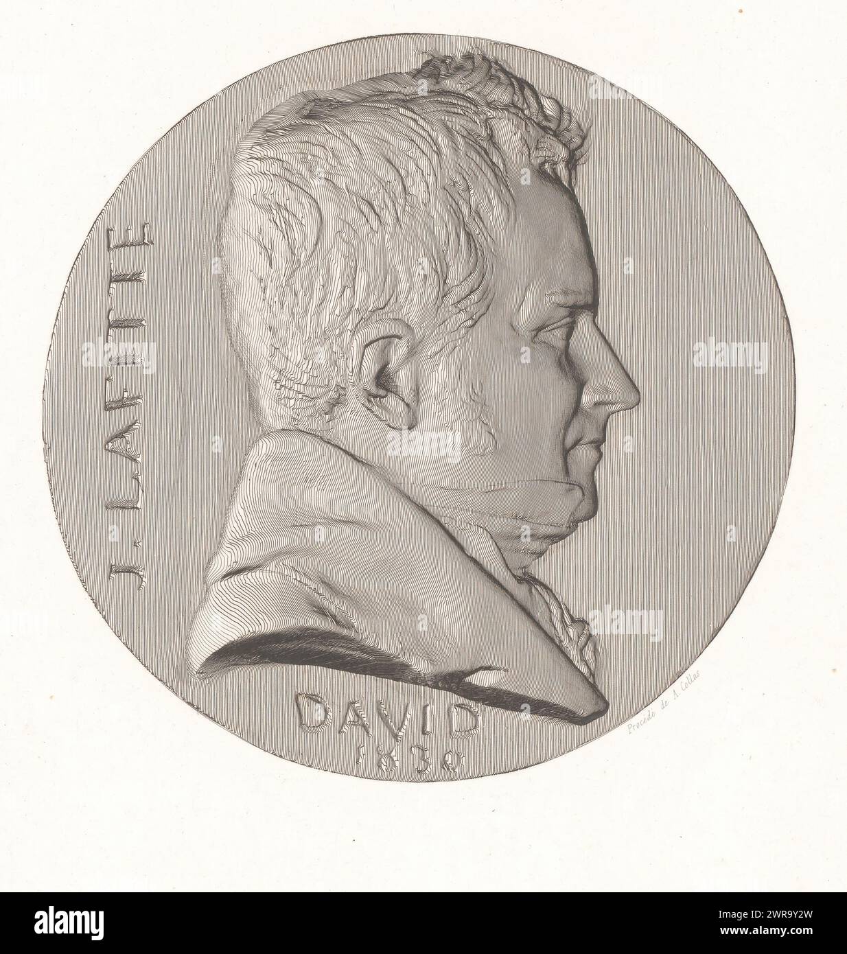 Medaglia con ritratto di Jacques Laffitte, J. Lafitte (titolo sull'oggetto), serie di medaglioni con figure di spicco dell'inizio del XIX secolo (titolo della serie), stampatore: Achille Collas, (possibilmente), Pierre Jean David d'Angers, Francia, in o dopo il 1830, carta, altezza 241 mm x larghezza 214 mm, stampa Foto Stock