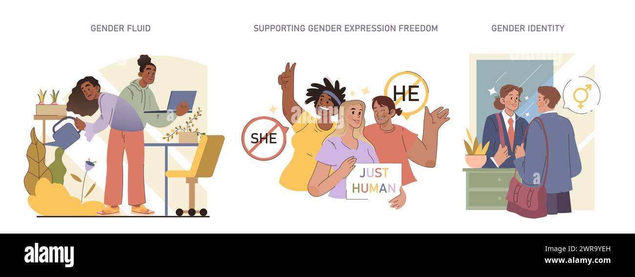 Set evoluzione di genere. Celebrare la fluidità del genere e la libertà di espressione. Sostenere i diritti di identità e il riconoscimento. Unità nella diversità e nell'esperienza umana. Illustrazione Vettoriale
