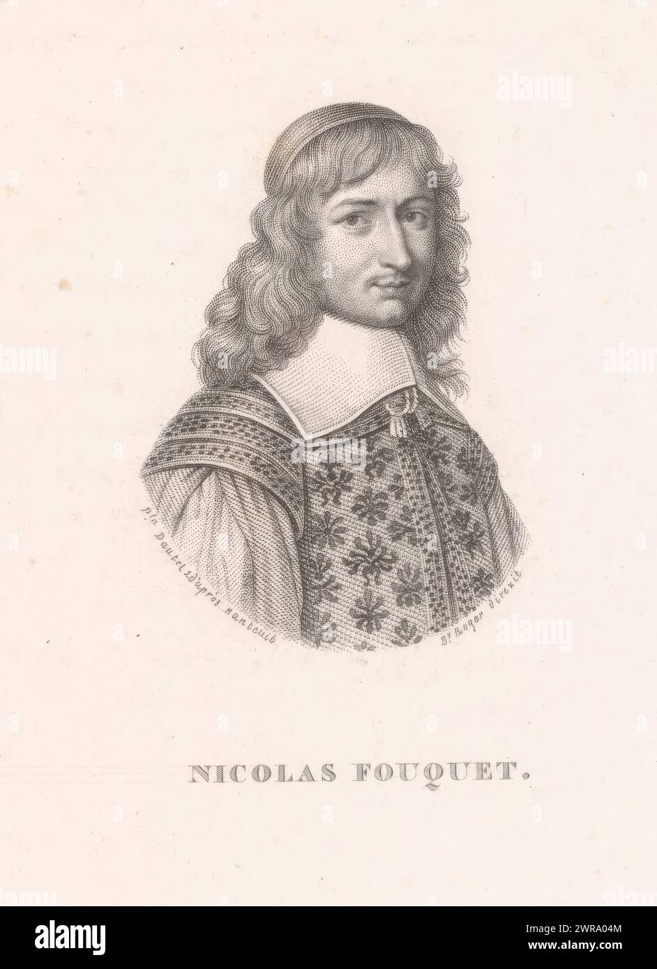 Ritratto di Nicolas Fouquet, Nicolas Fouquet. (Titolo su oggetto), stamperia: Pamela Dautel, su disegno di: Robert Nanteuil, Barthélémy Joseph Fulcran Roger, Francia, 1825 - 1845, carta, altezza 229 mm x larghezza 151 mm, stampa Foto Stock