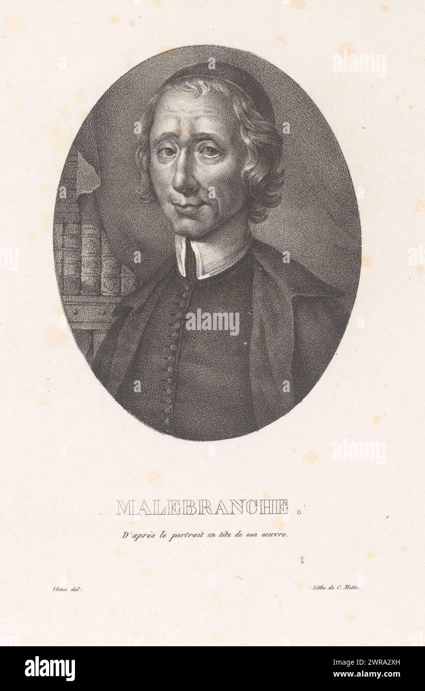 Ritratto di Nicolas Malebranche, Malebranche (titolo sull'oggetto), stampatore: Henri Joseph Hesse, stampatore: Charles Etienne Pierre Motte, Parigi, c. 1823 - c. 1826, carta, altezza 300 mm x larghezza 203 mm, stampa Foto Stock