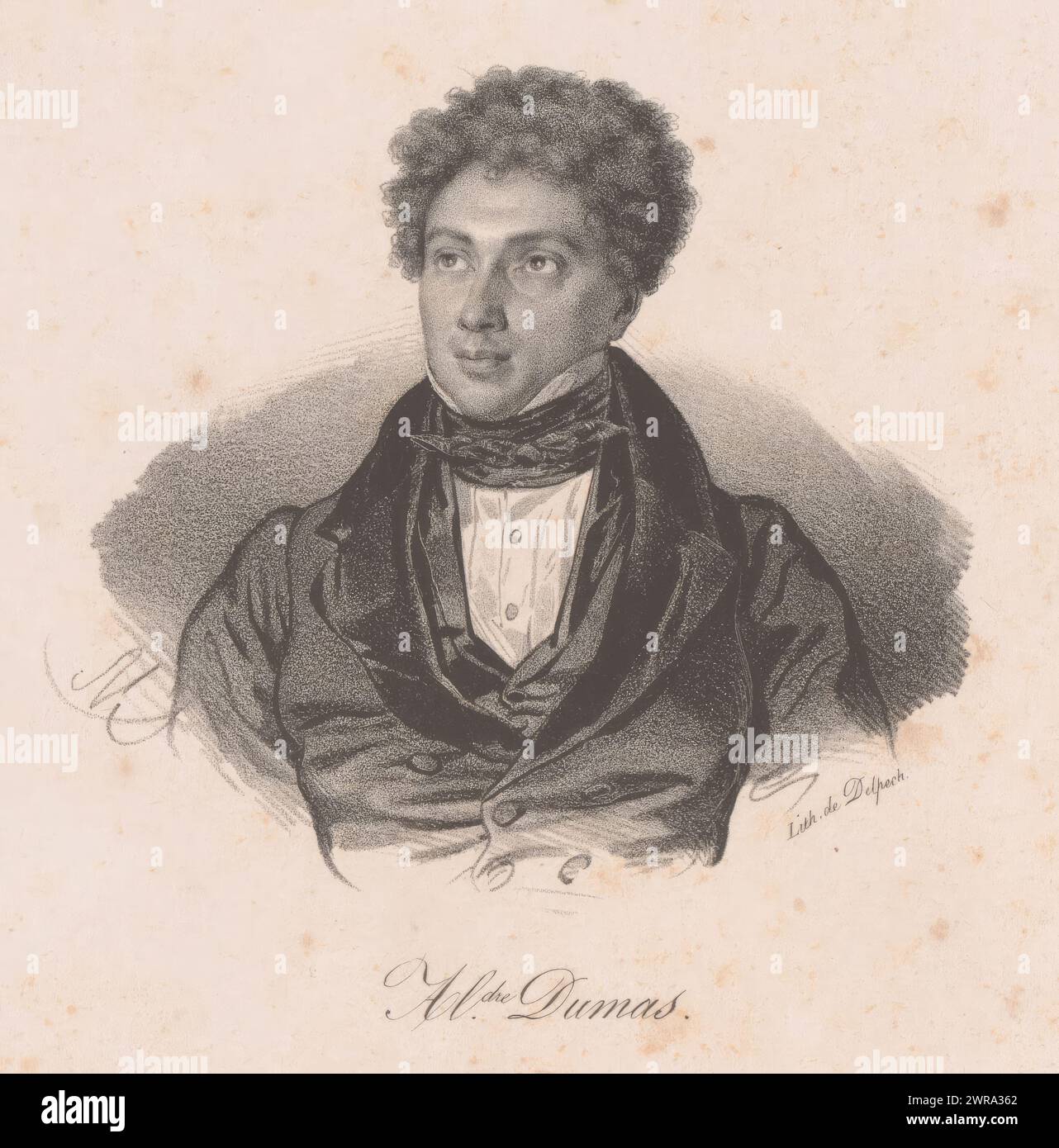 Ritratto di Alexandre Dumas père, Aldre. Dumas (titolo su oggetto), stampatore: Nicolas Maurin, stampante: veuve Delpech (Naudet), Parigi, 1834, carta, altezza 275 mm x larghezza 184 mm, stampa Foto Stock