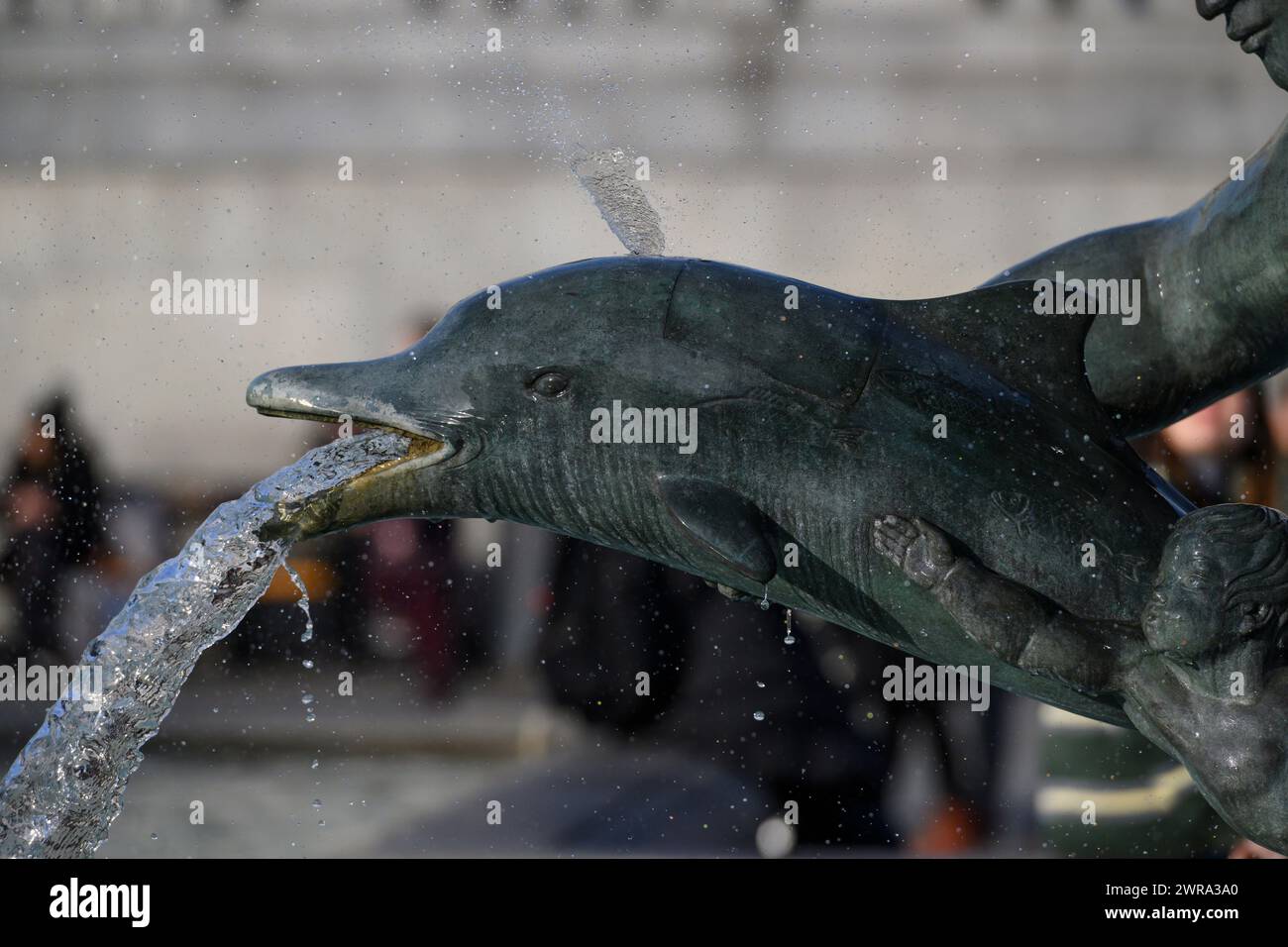 Un dettaglio della Jellicoe Memorial Fountain, situata sul lato ovest di Trafalgar Square, presenta una sirena con due mersini e delfini. Lo era Foto Stock