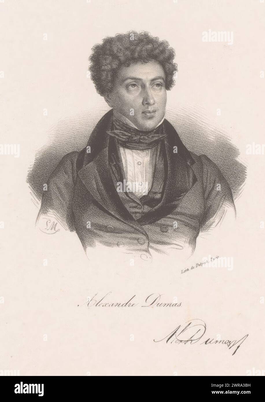 Ritratto dello scrittore Alexandre Dumas (père), Alexandre Dumas (titolo sull'oggetto), stampatore: Nicolas Maurin, stampatore: veuve Delpech (Naudet), Parigi, 1825 - 1842, carta, altezza 189 mm x larghezza 128 mm, stampa Foto Stock