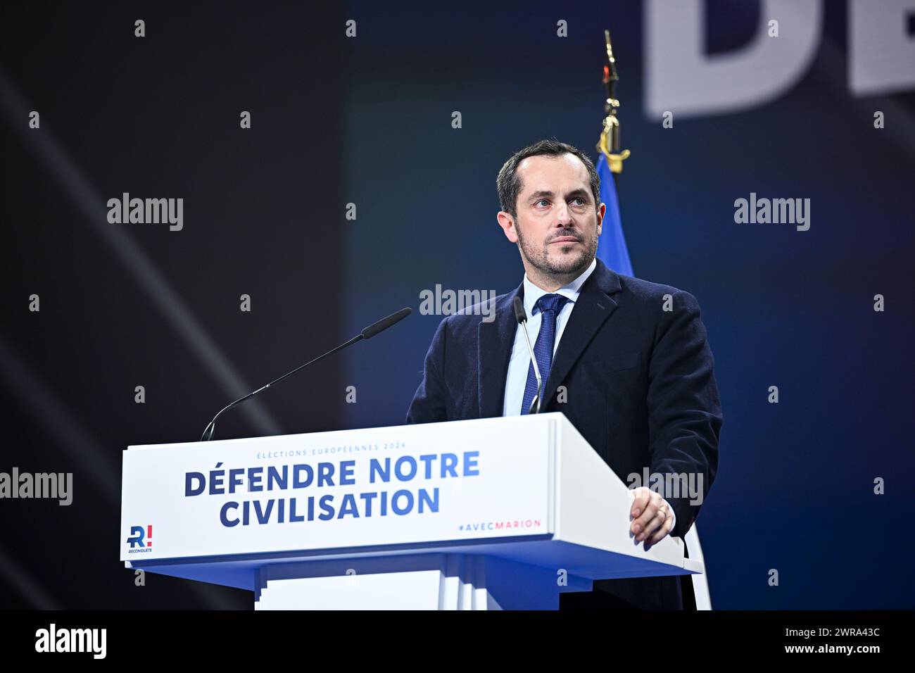 Parigi, Francia. 10 marzo 2024. Nicolas Bay alla riunione di lancio della campagna elettorale europea del partito di estrema destra "Reconquete" a Parigi, in Francia, il 10 marzo 2024. Crediti: Victor Joly/Alamy Live News Foto Stock