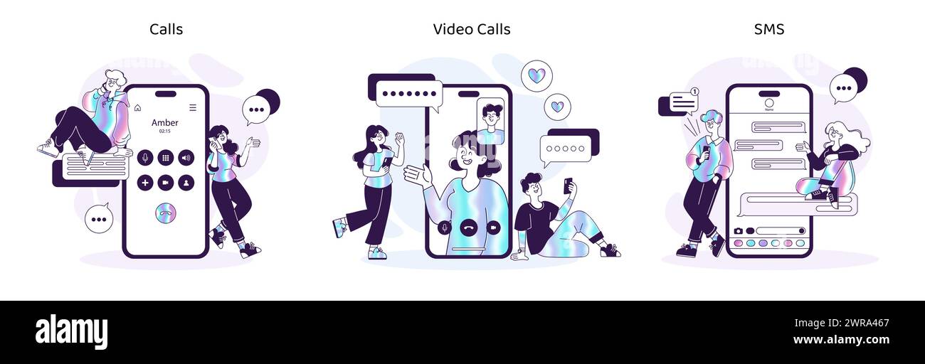 Trio di interazione con smartphone. Connettività perfetta per chiamate vocali, videochat e messaggi di testo. Digitalizzazione delle comunicazioni quotidiane. Illustrazione vettoriale Illustrazione Vettoriale